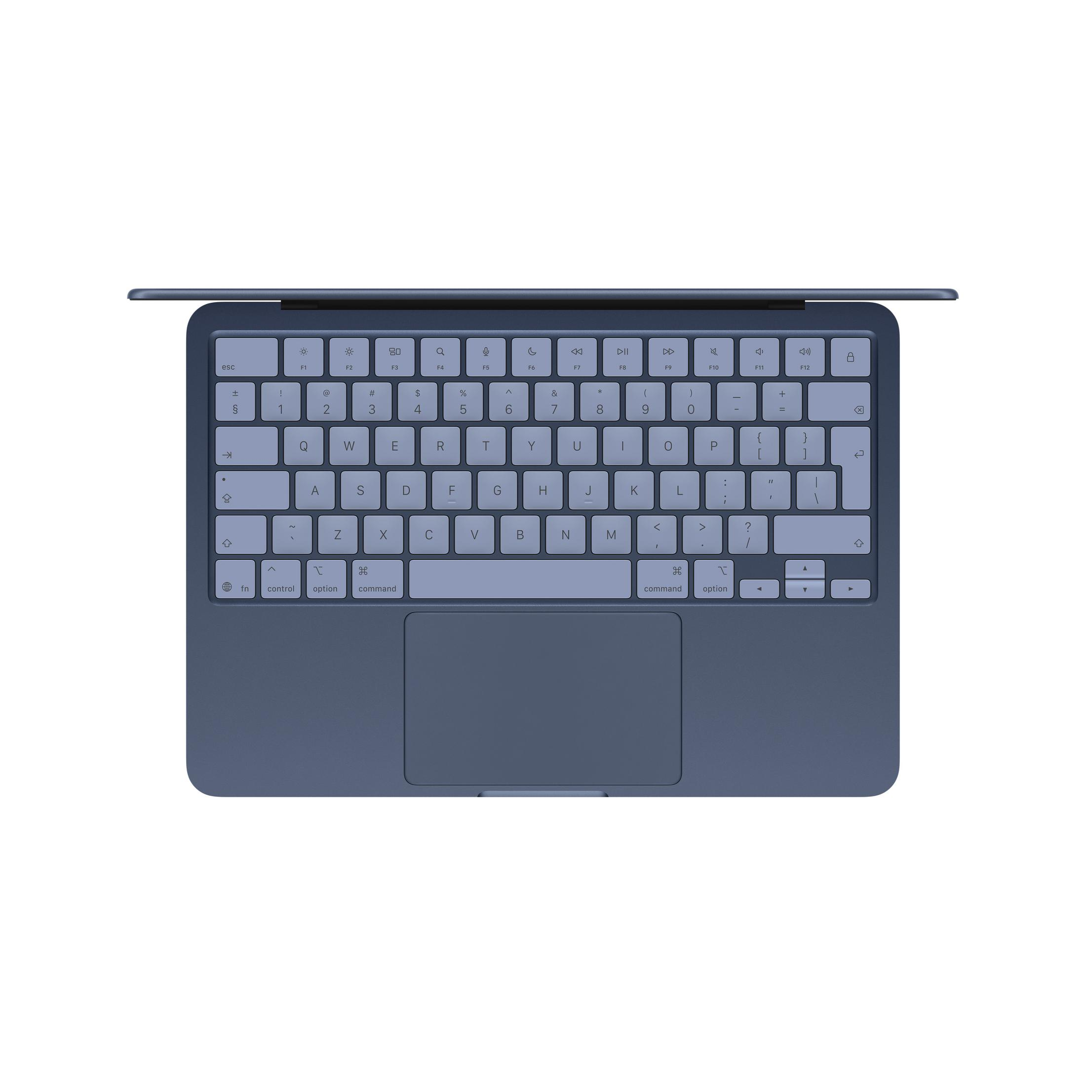 Un clavier bleu avec trackpad, vu de dessus.