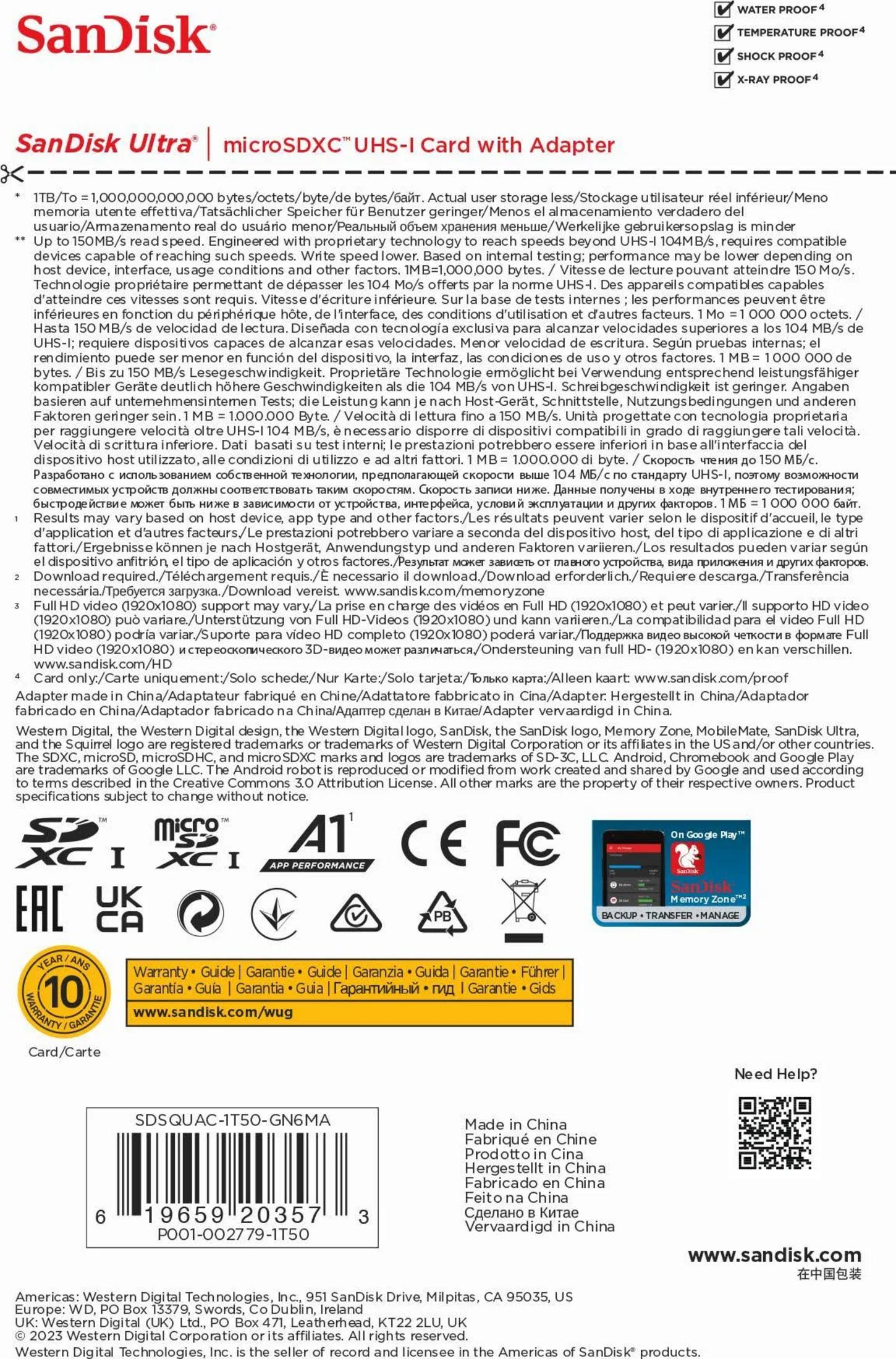 Scheda SanDisk Ultra microSDXC UHS-I con Adattatore, specifiche e loghi.