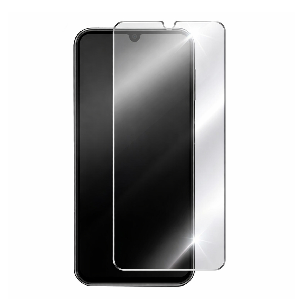 Een zwarte smartphone met een glazen screenprotector op het display.