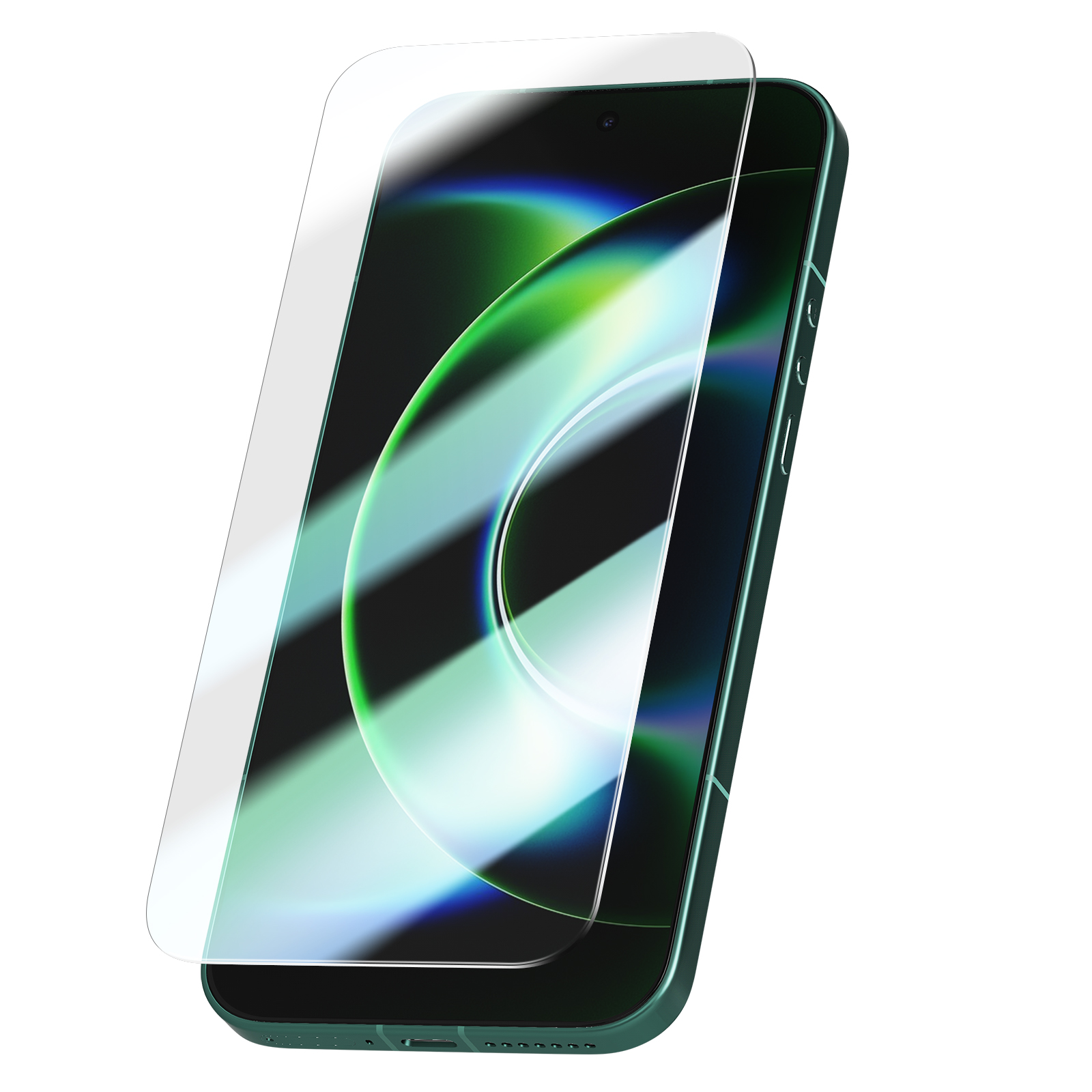 Een groene smartphone met een schermprotector op een witte achtergrond.