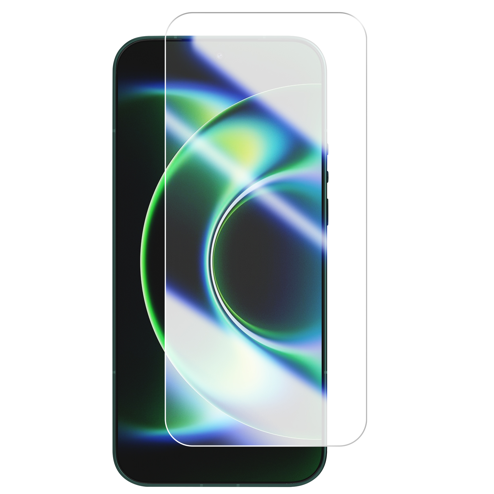 Een donkergroene smartphone met een gedeeltelijk geplaatste schermprotector.