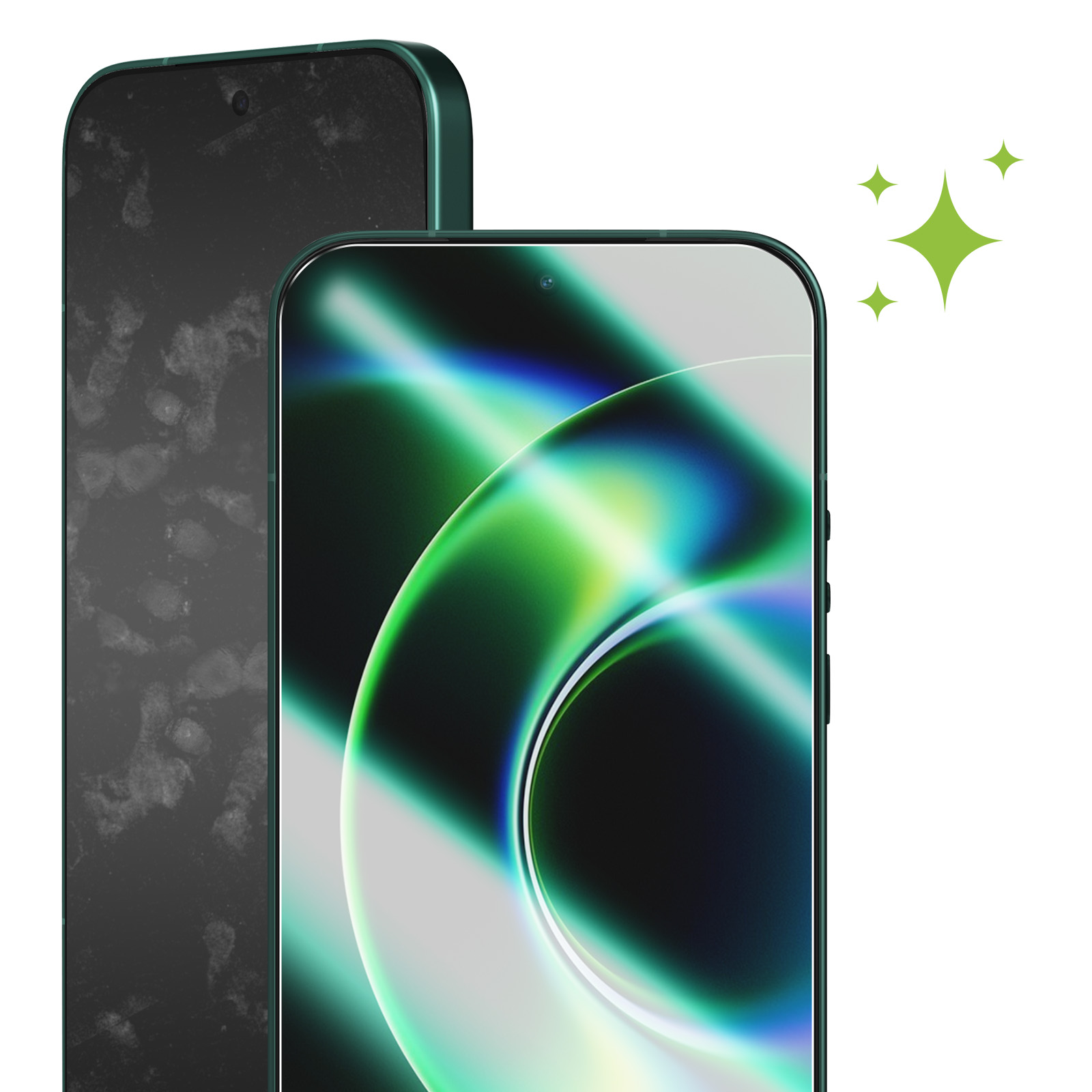 Een vieze en een schone smartphone naast elkaar, met groene sterren.