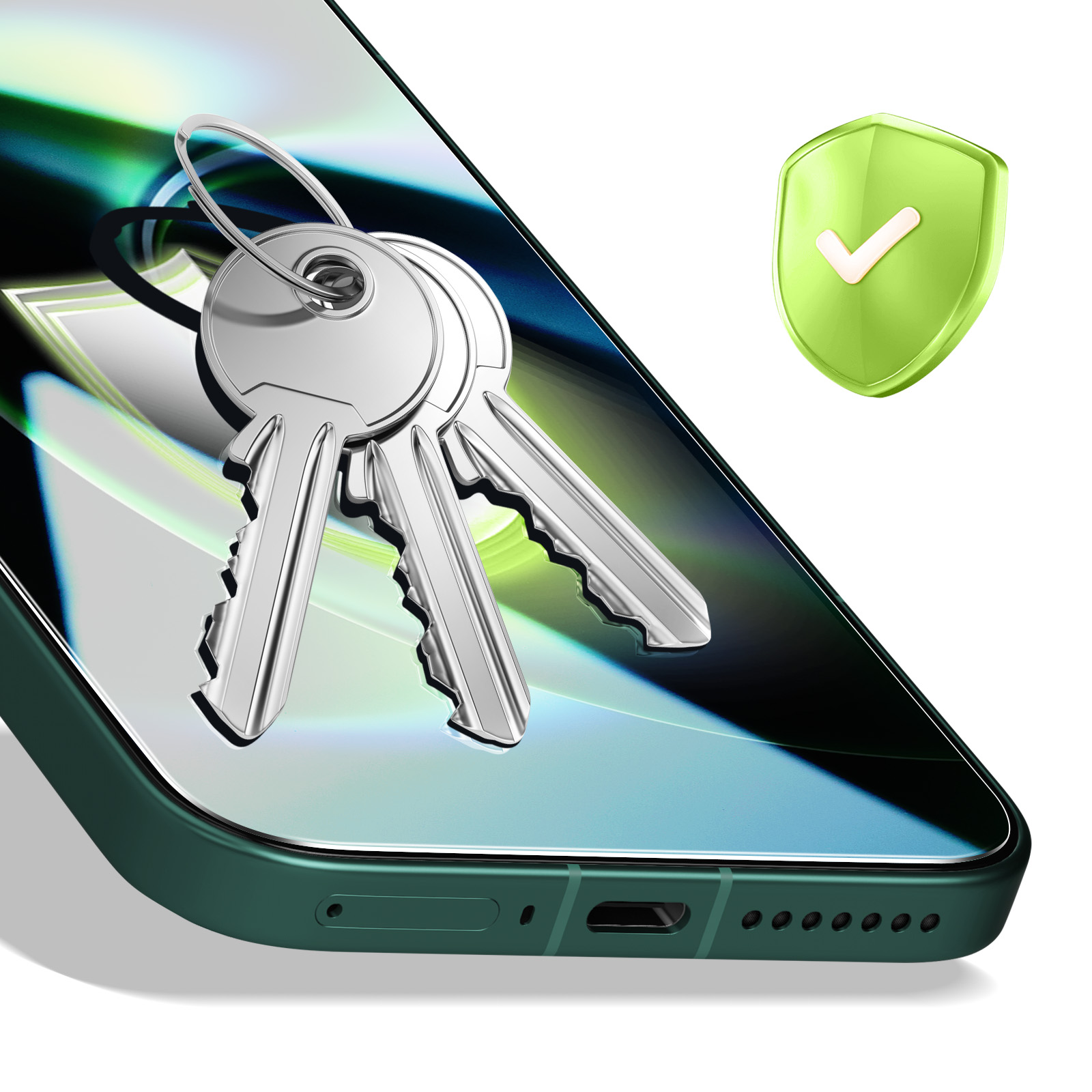 Sleutels op smartphone scherm met groen schild-icoon.