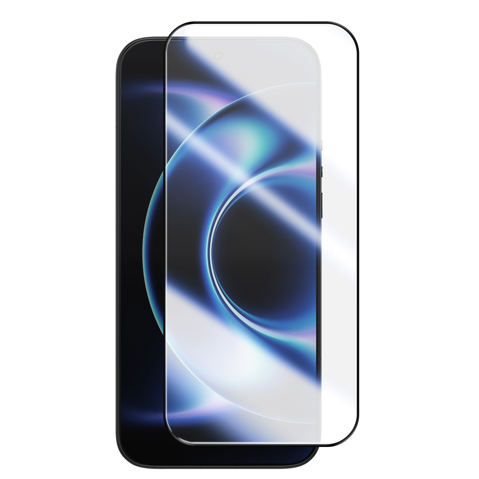 Een zwarte smartphone met een schermprotector met een abstracte blauw-witte grafiek.