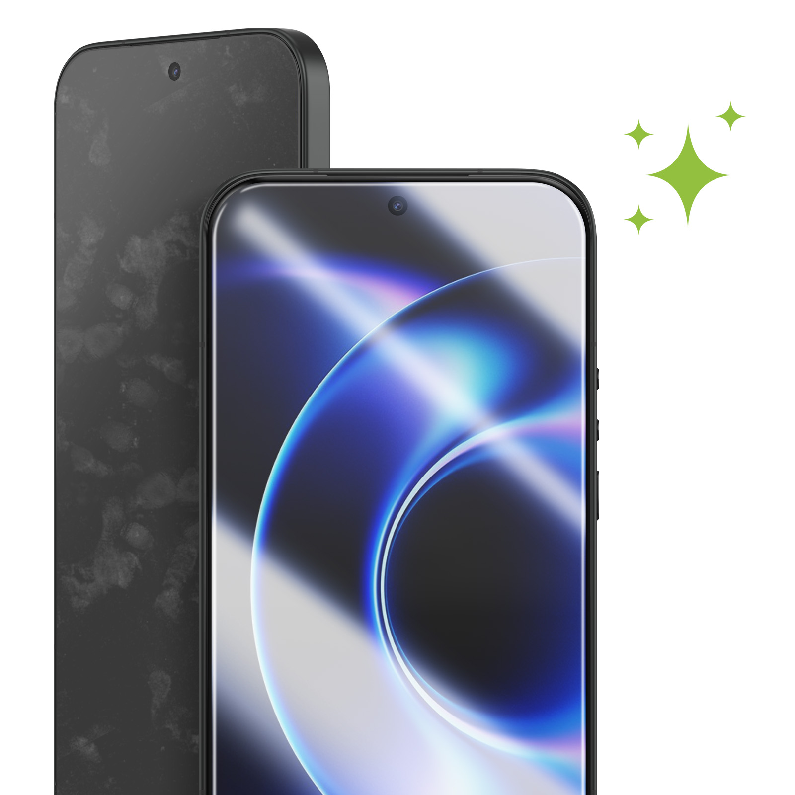 Twee smartphones, één vies, één schoon met groene glitters.