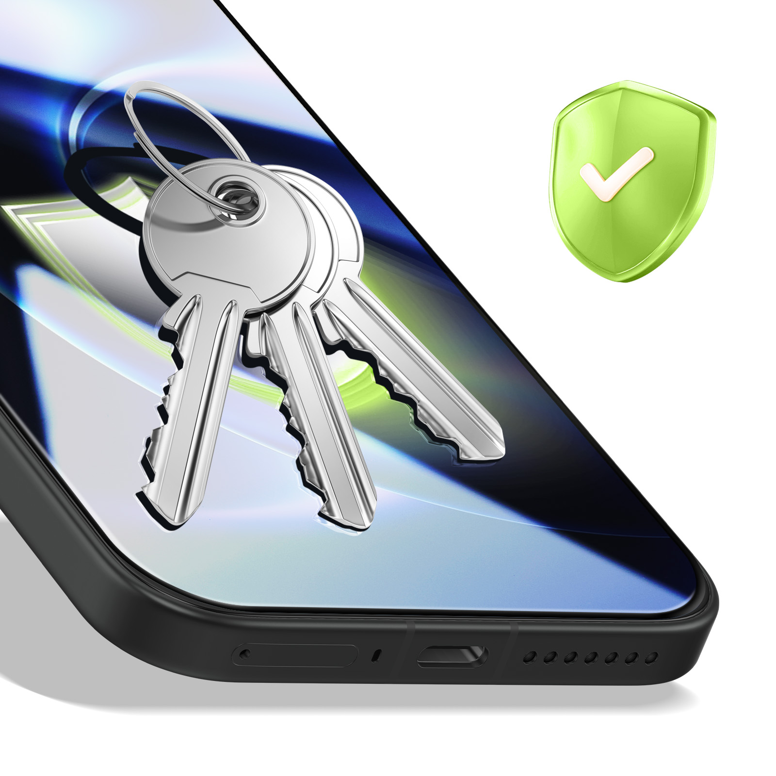 Sleutels op een smartphone met een groen schild en vinkje-icoon.