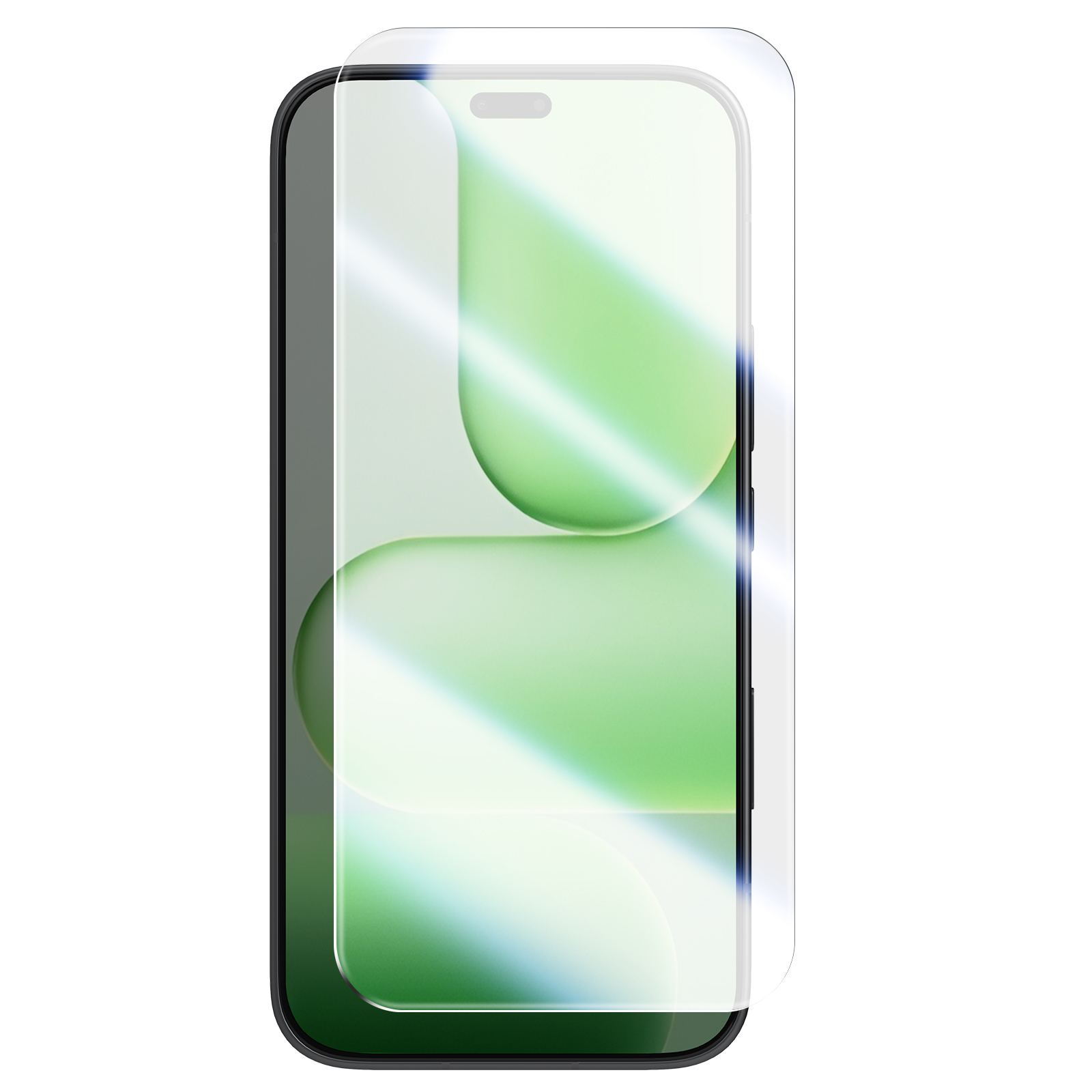 Een zwarte smartphone met een screenprotector met groene en witte strepen.
