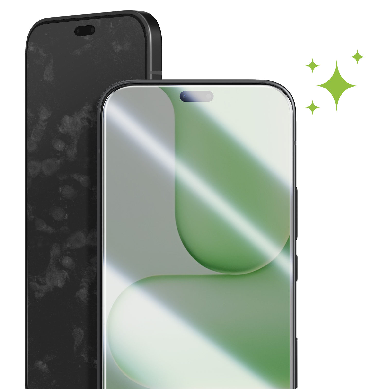Een vuile zwarte smartphone naast een schone met groene fonkelingen.