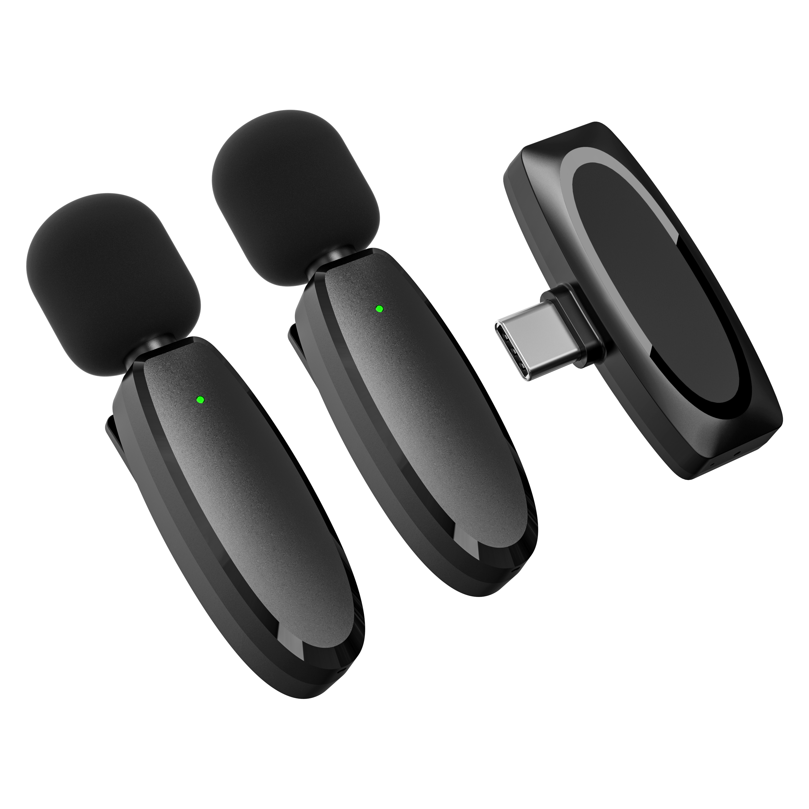 Dwa czarne mikrofony krawatowe z zielonymi światłami i czarny odbiornik USB-C.