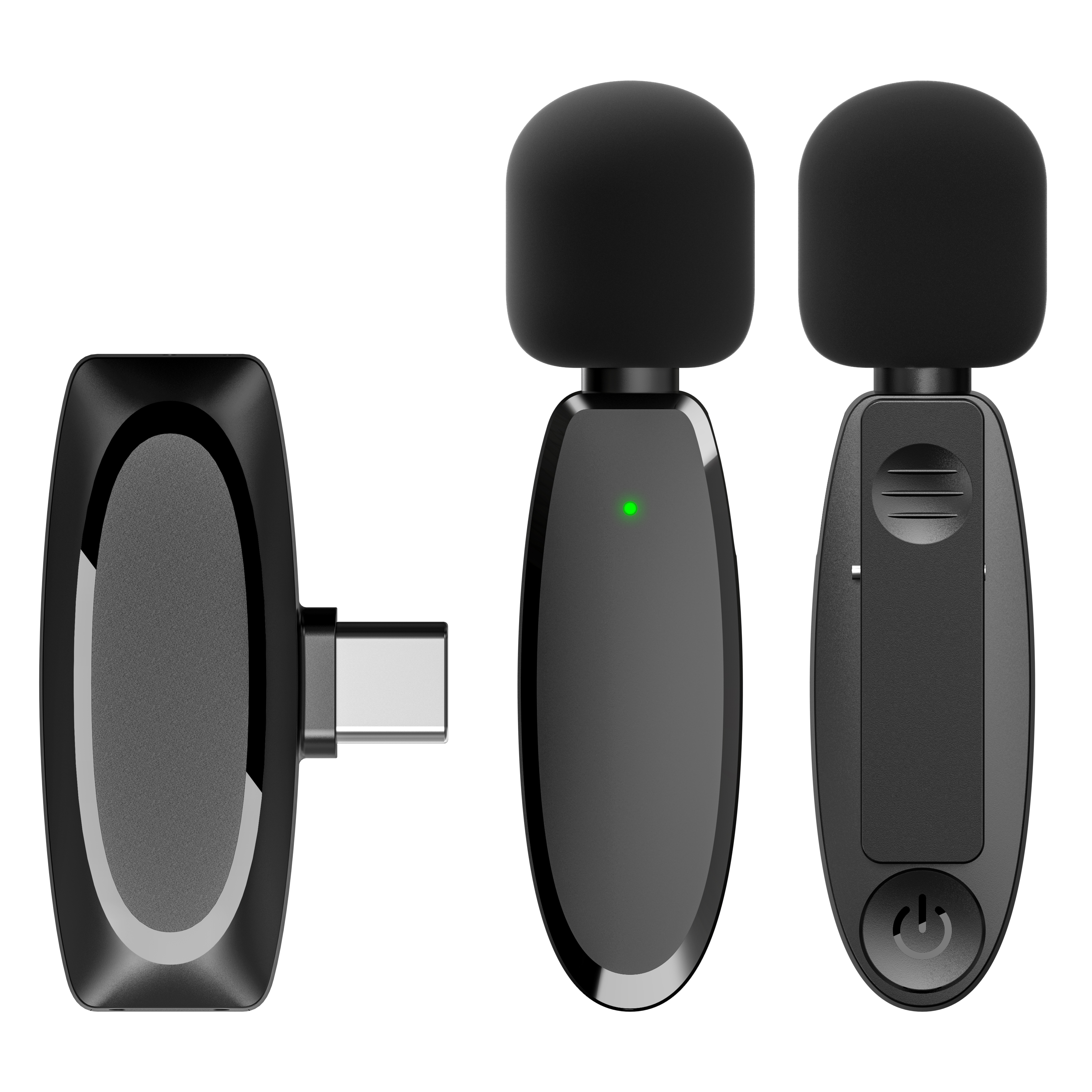 Trzy czarne mikrofony ze złączem USB-C i przyciskiem zasilania.