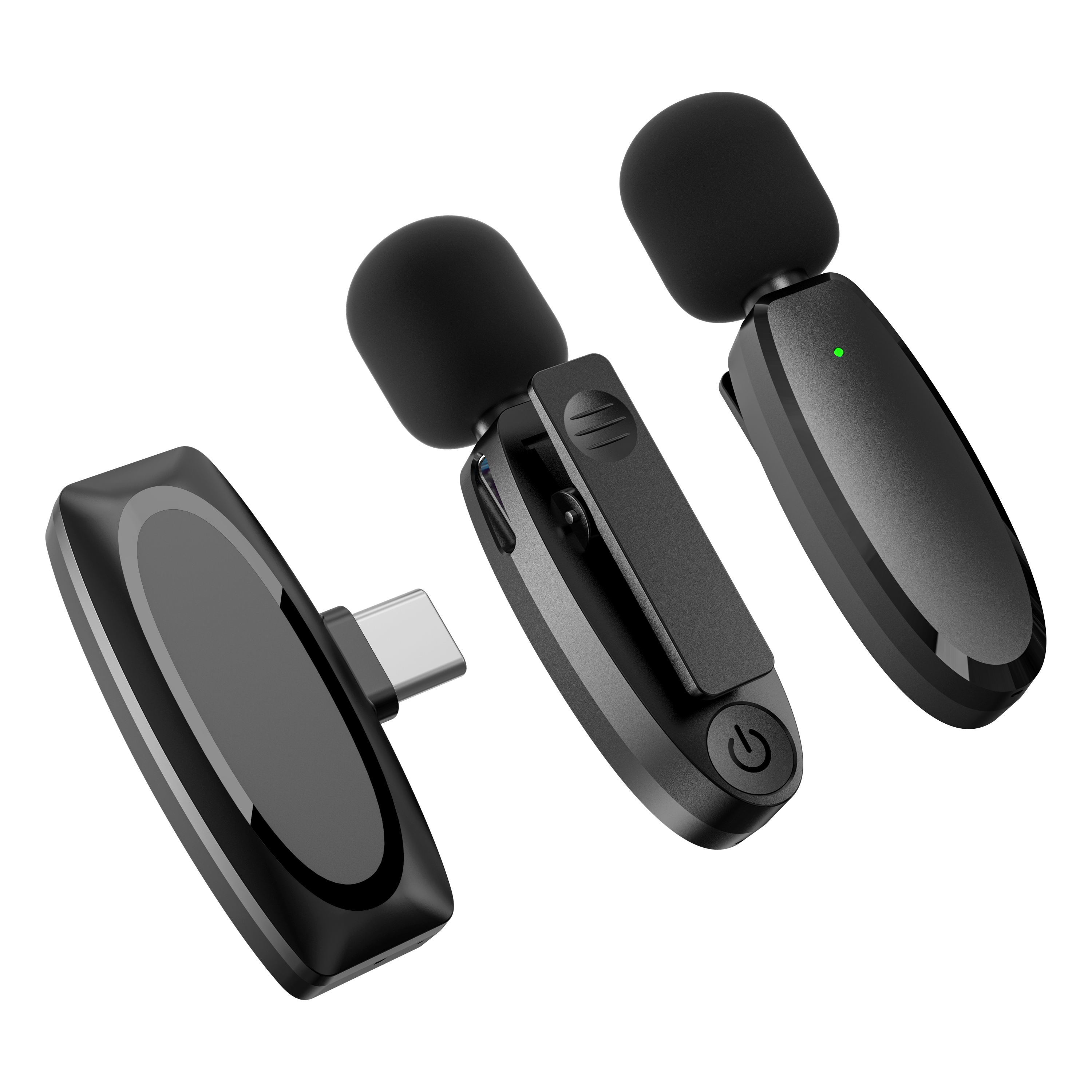 Trzy czarne mikrofony krawatowe i odbiornik USB-C na białym tle.