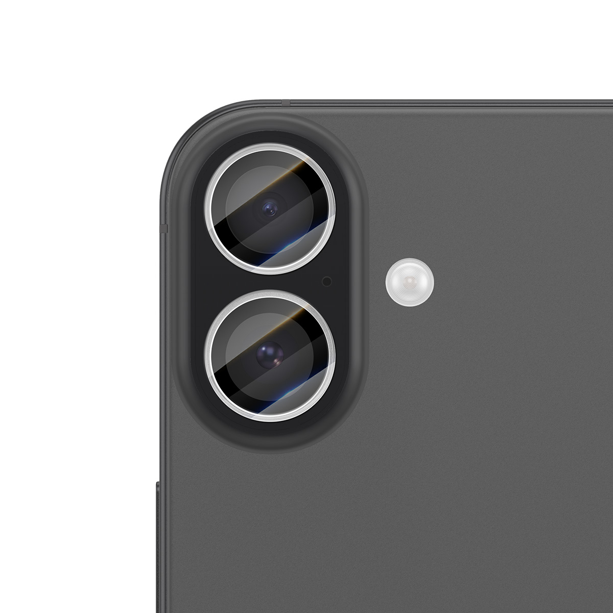 Close-up van dubbele cameramodules en flitser op een donkere smartphone.