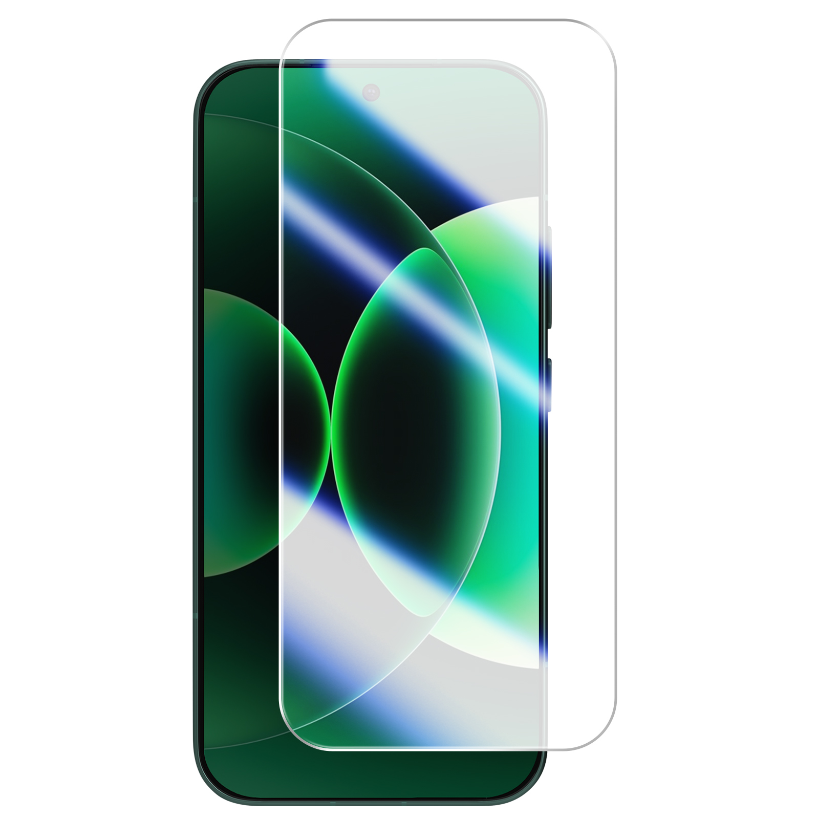 Un protecteur d'écran transparent sur un smartphone vert foncé avec des vagues vertes et bleues.