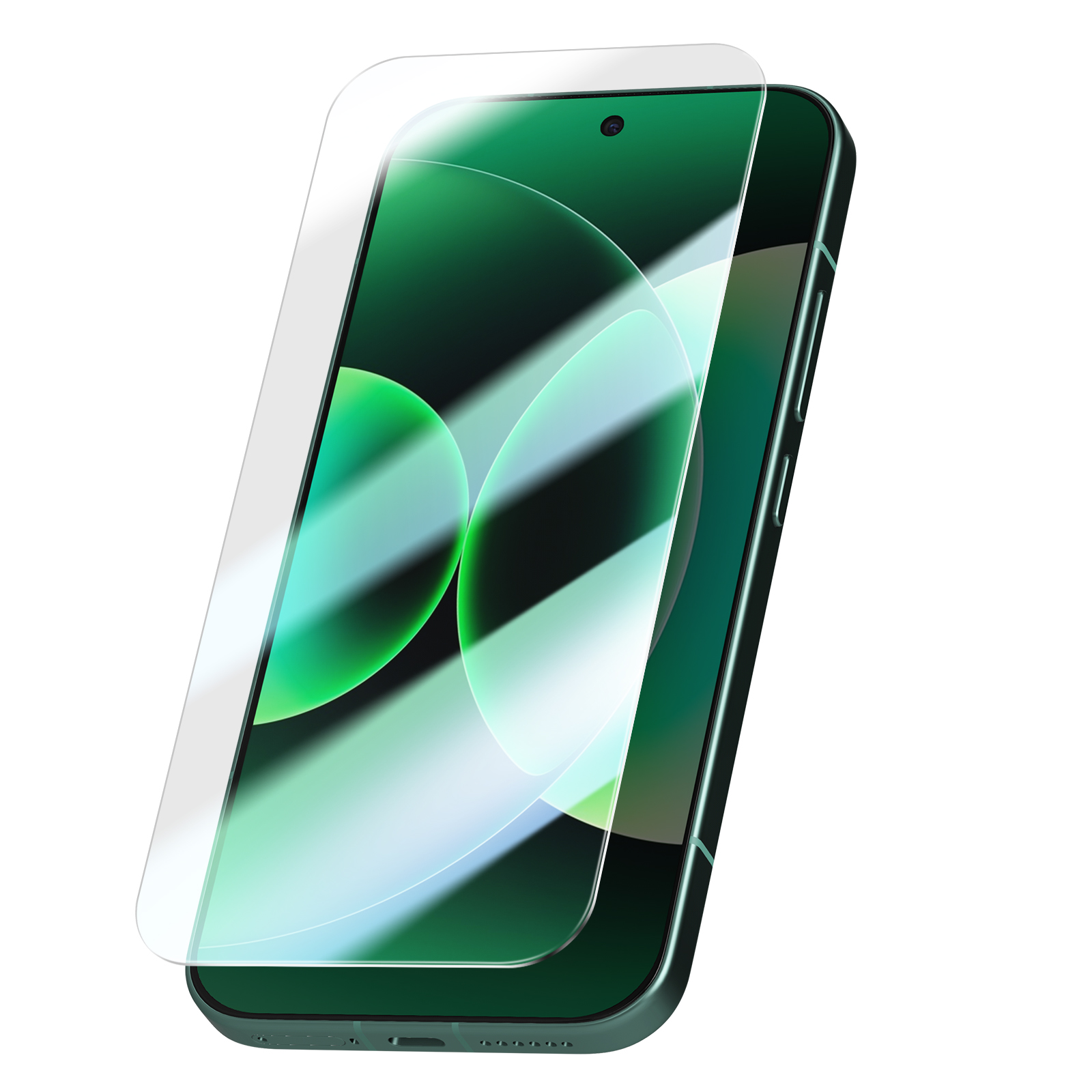 Un smartphone vert avec un protecteur d'écran légèrement décalé.