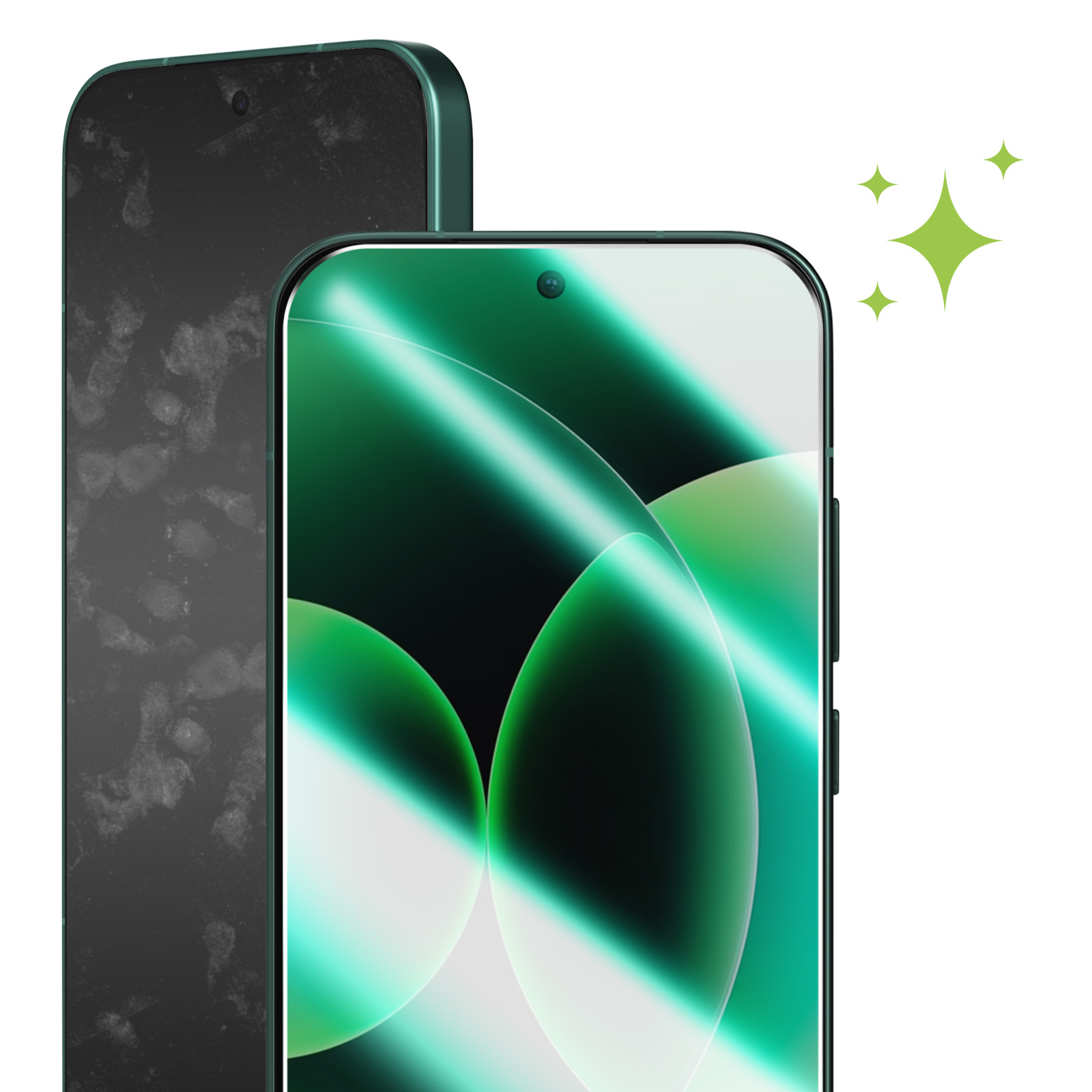 Un smartphone vert sale et un propre côte à côte avec des étincelles.