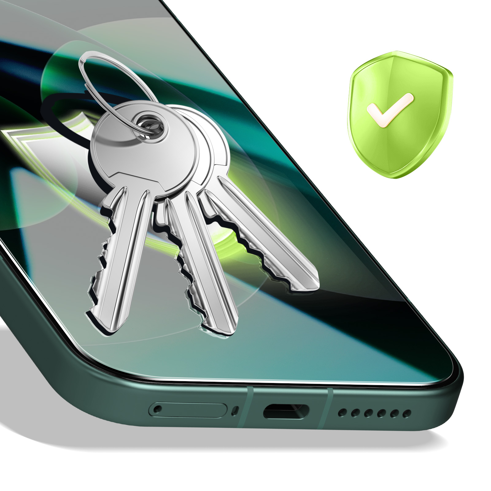 Trois clés argentées sur un smartphone vert avec une icône de bouclier verte.