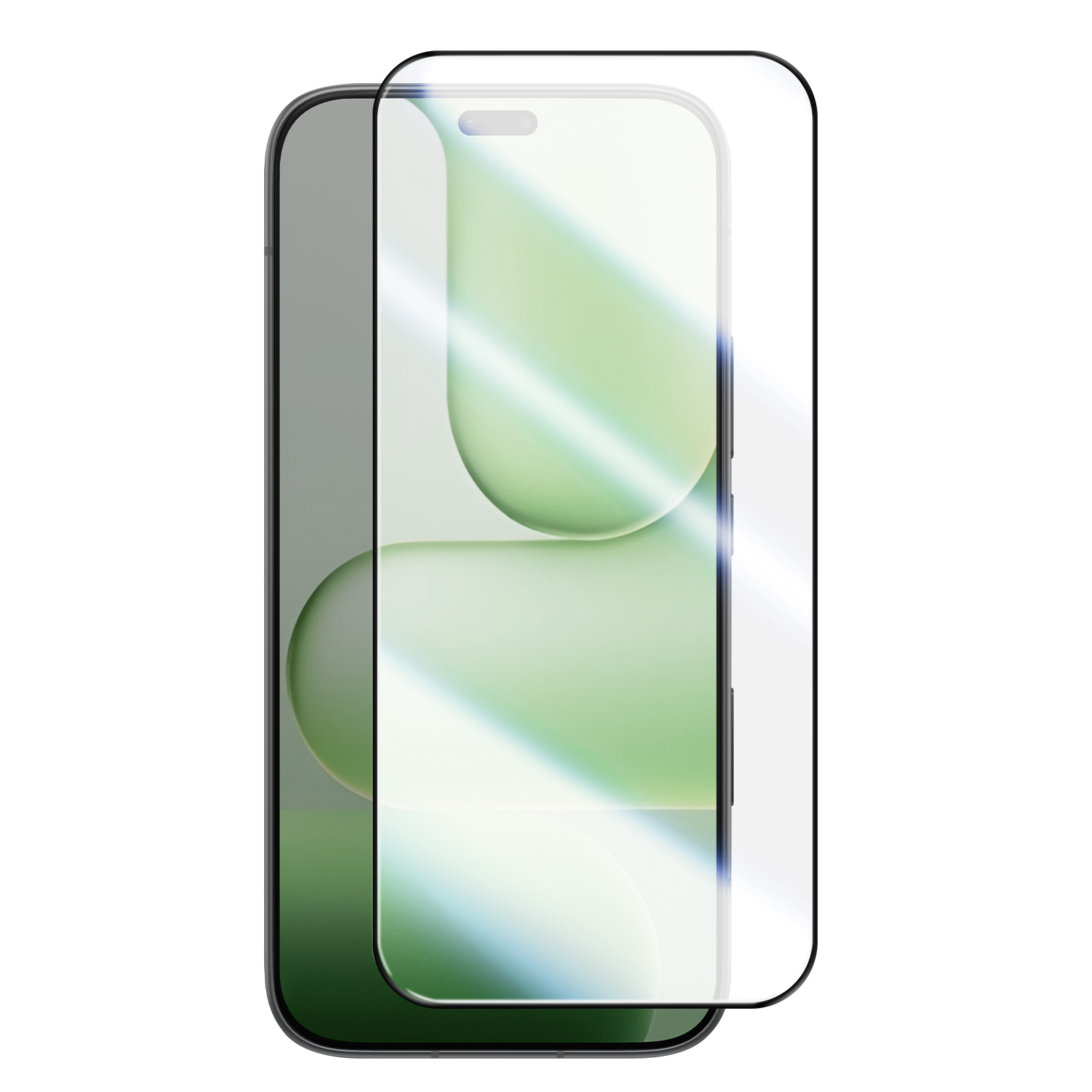 Een smartphone met een glazen screenprotector op een witte achtergrond.
