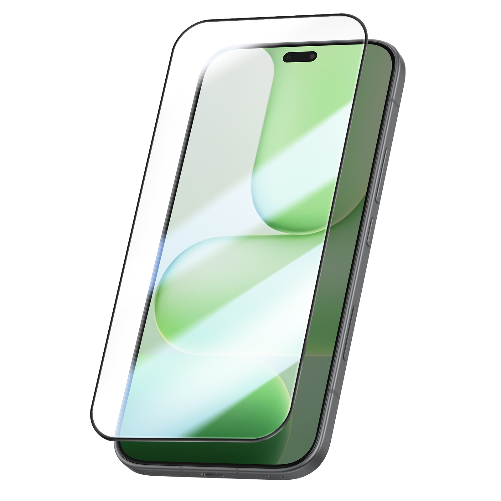 Een smartphone met een aangebrachte schermprotector, op witte achtergrond.