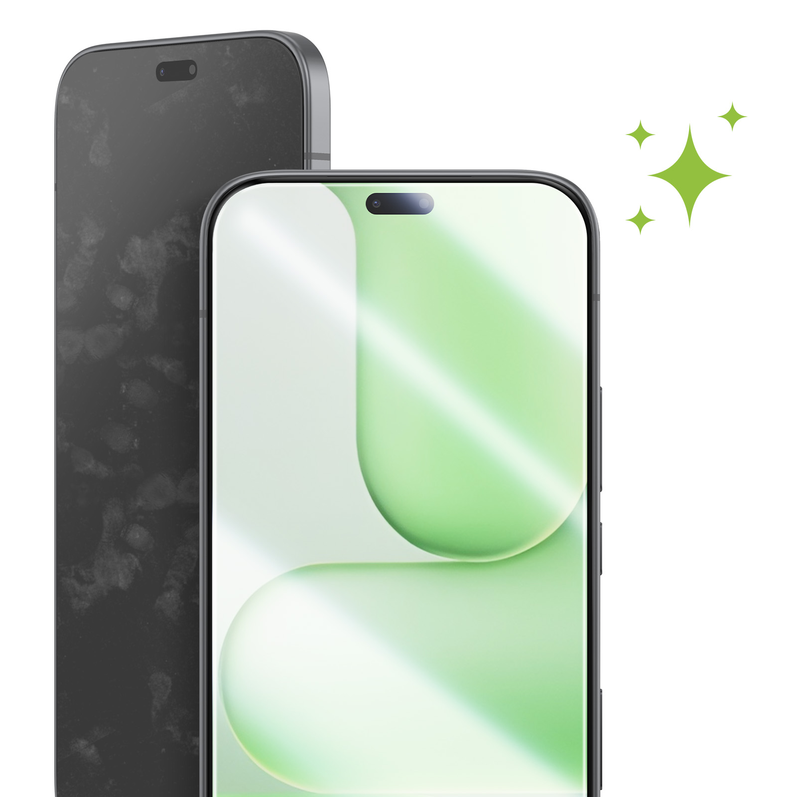 Een vuile zwarte smartphone naast een schone met groene folie.