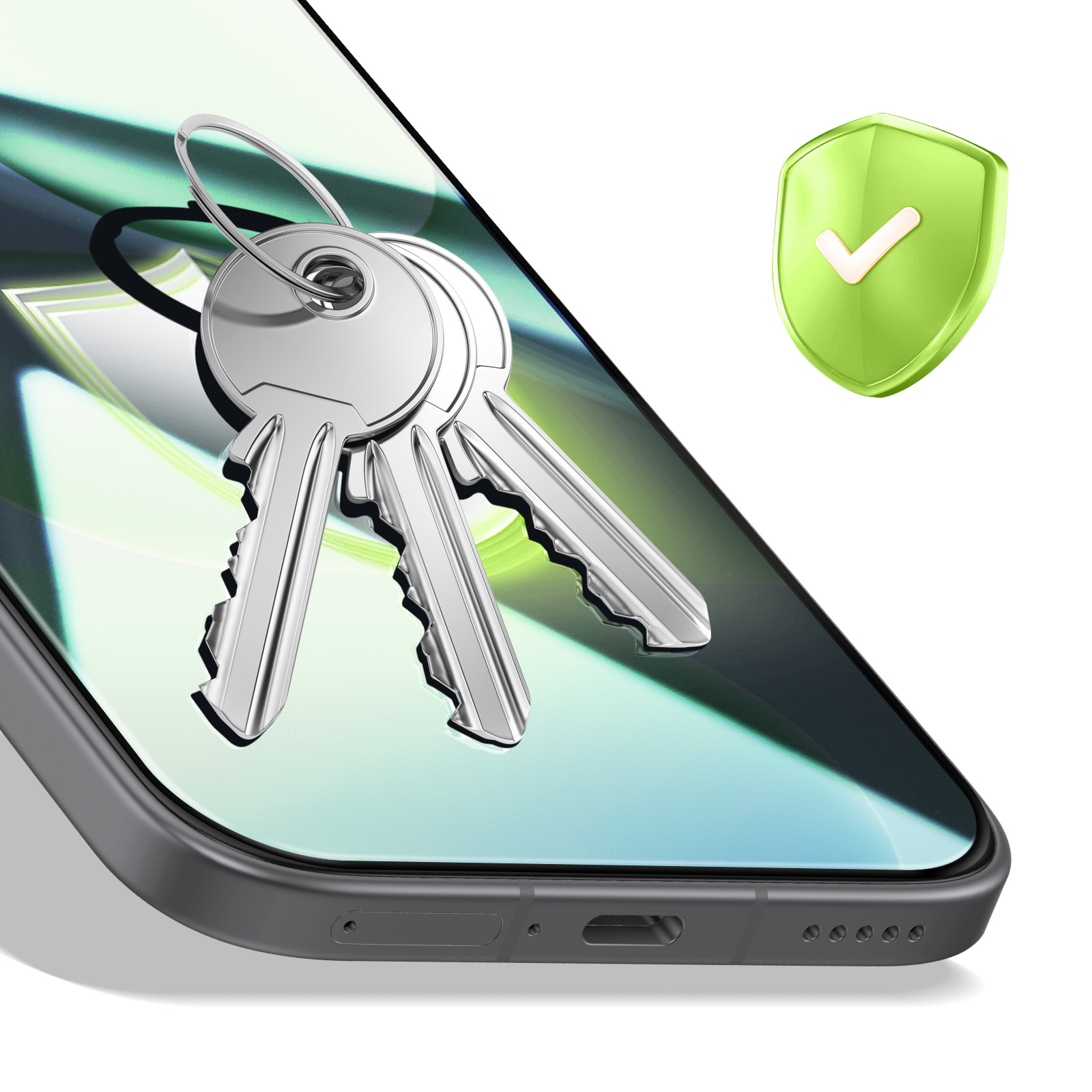 Sleutelicoon op smartphone-scherm met groen schild en vinkje.
