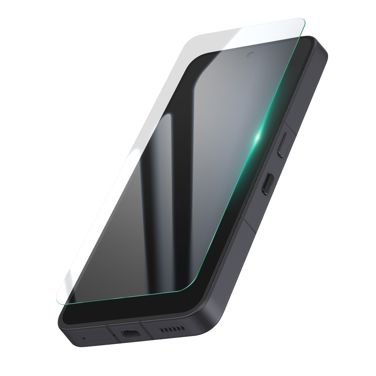 Une vitre de protection transparente repose sur un smartphone noir.