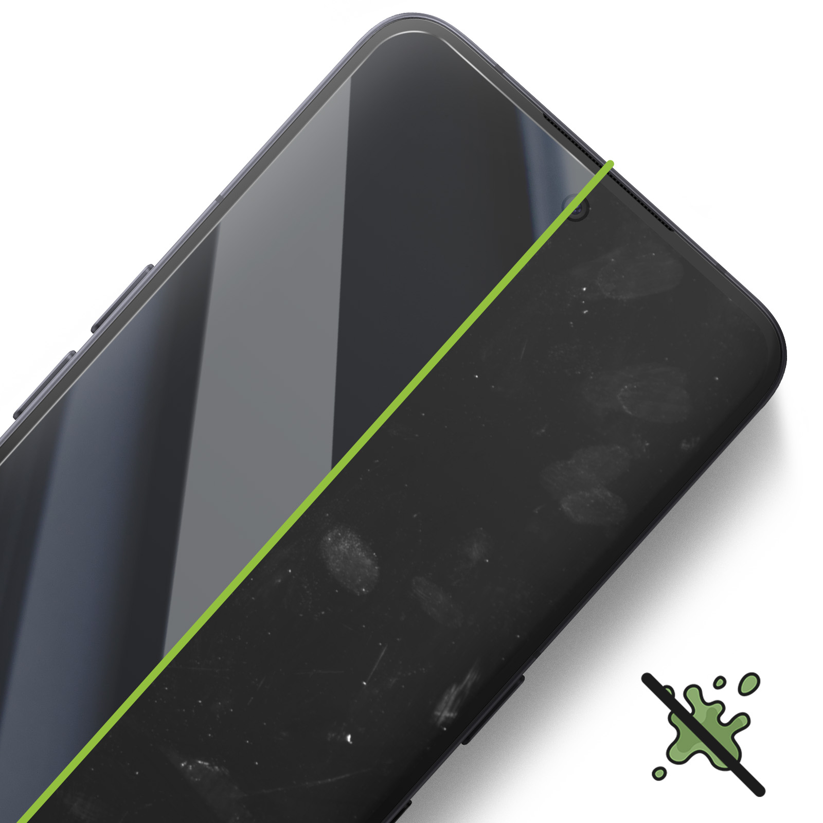 Un écran de smartphone, moitié propre, moitié avec traces de doigts et salissures.