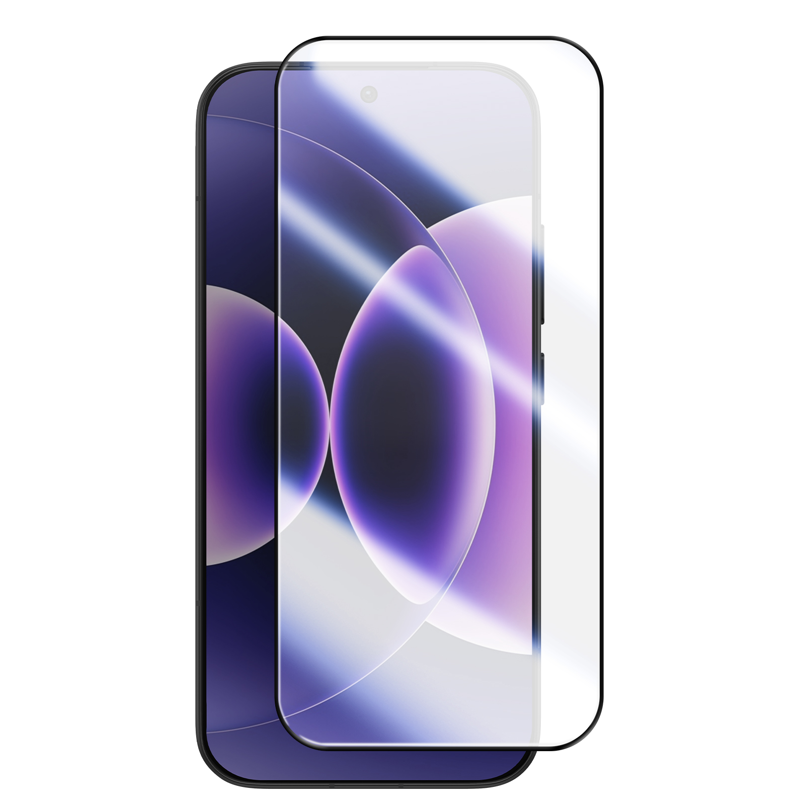 Schermprotector over een smartphone met paarse achtergrond.