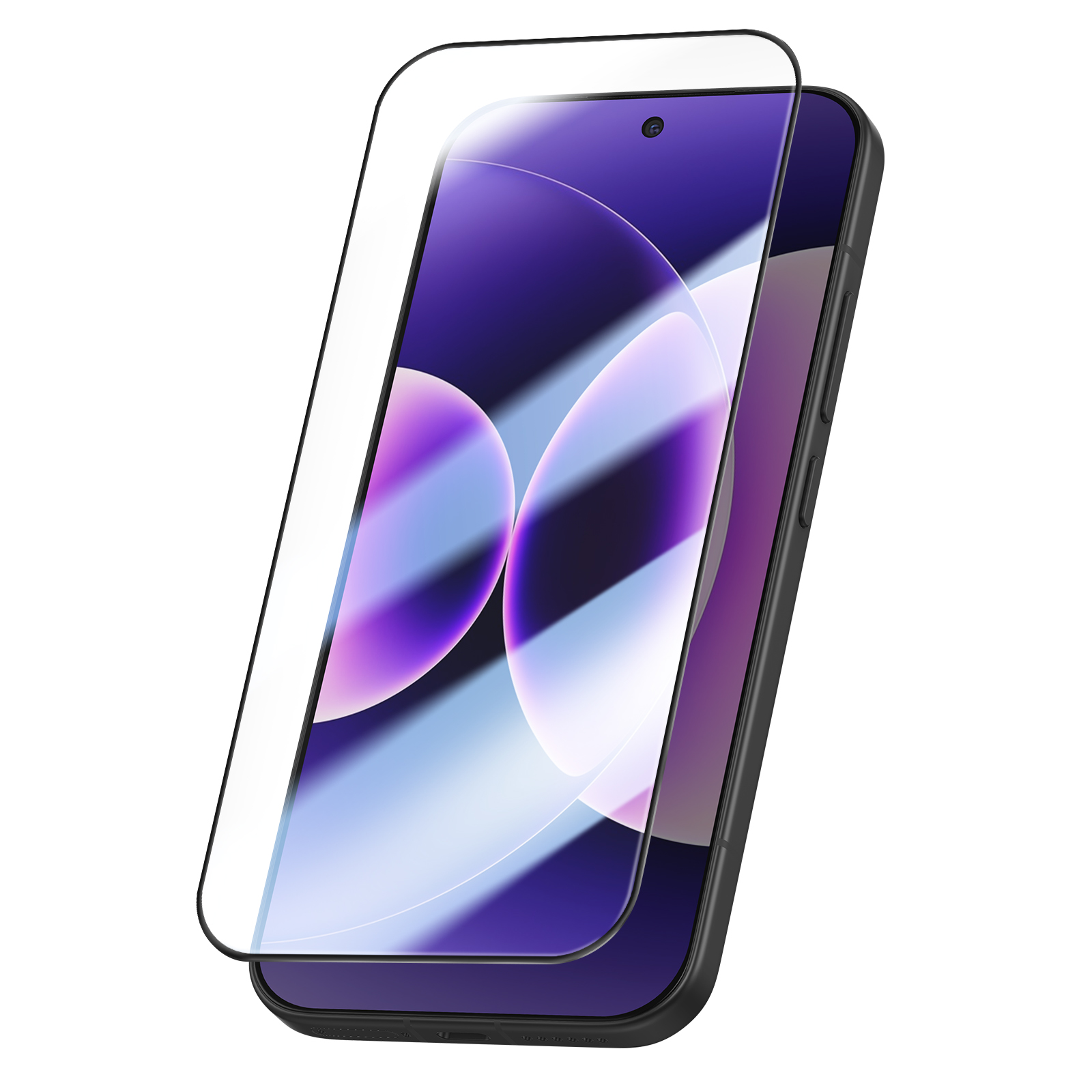Een smartphone met een schermprotector, tegen een witte achtergrond.