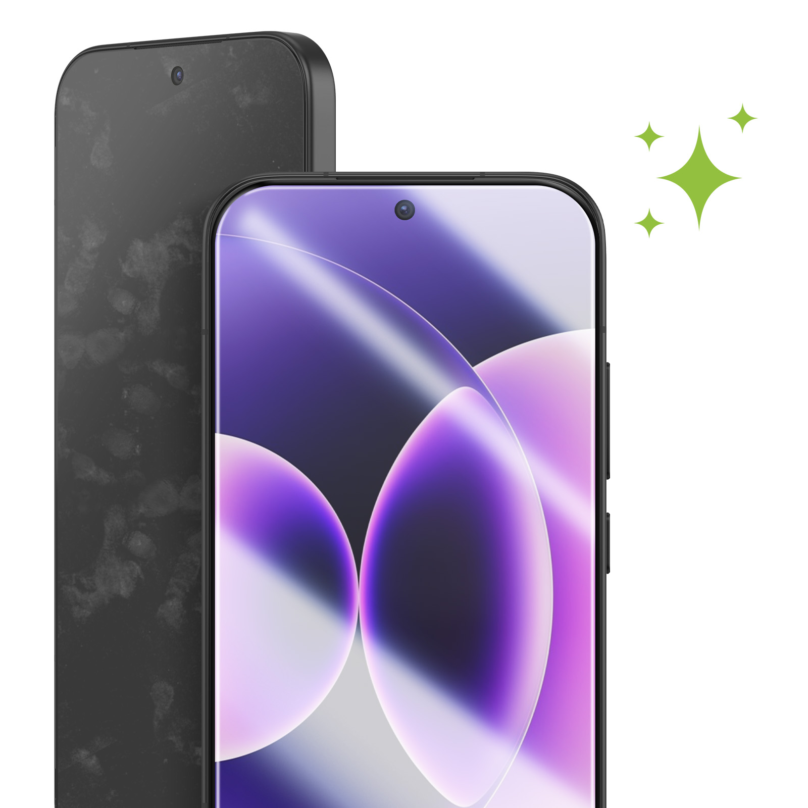 Een vuile zwarte telefoon naast een schone telefoon met paarse abstracte achtergrond.