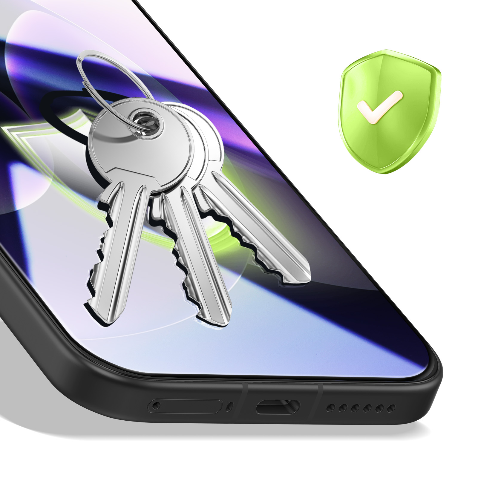 Zilveren sleutels op smartphone-scherm, met groen schildicoon.