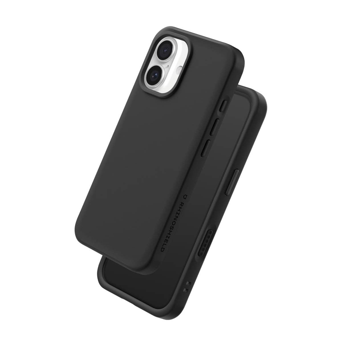 Un iPhone nero con fotocamere e custodia RhinoShield su sfondo bianco.