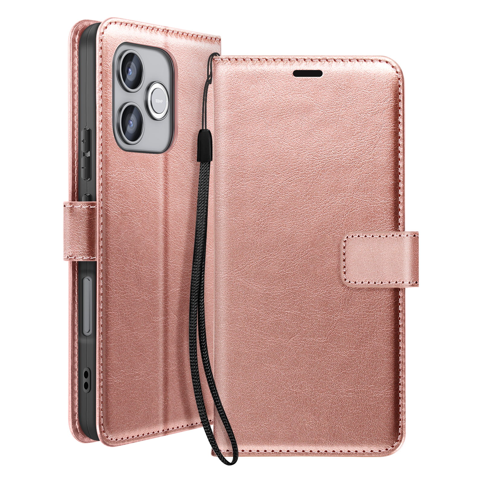 Un étui de téléphone rose doré avec une dragonne et une fermeture magnétique.