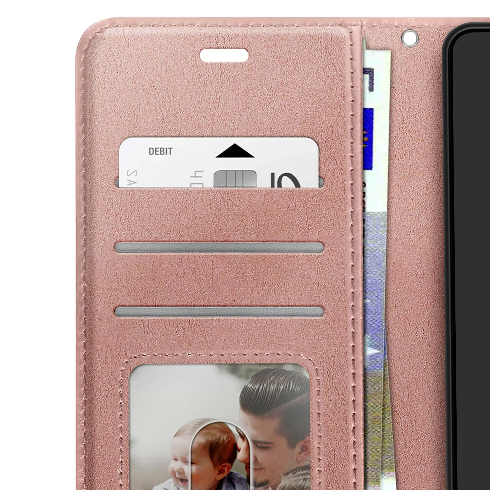 Étui rose pour téléphone avec fentes pour cartes, photo de bébé et homme, billets.