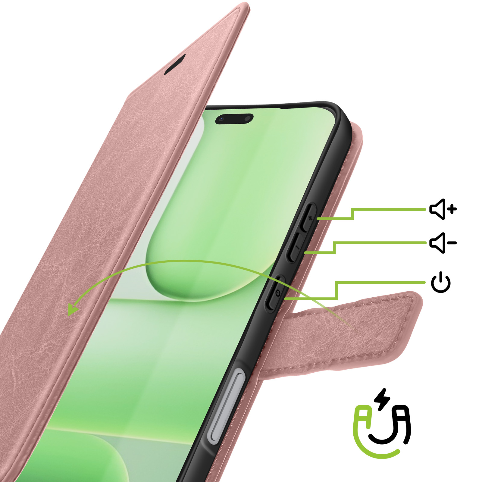 Étui rose pour téléphone à rabat, avec fermeture magnétique et boutons.