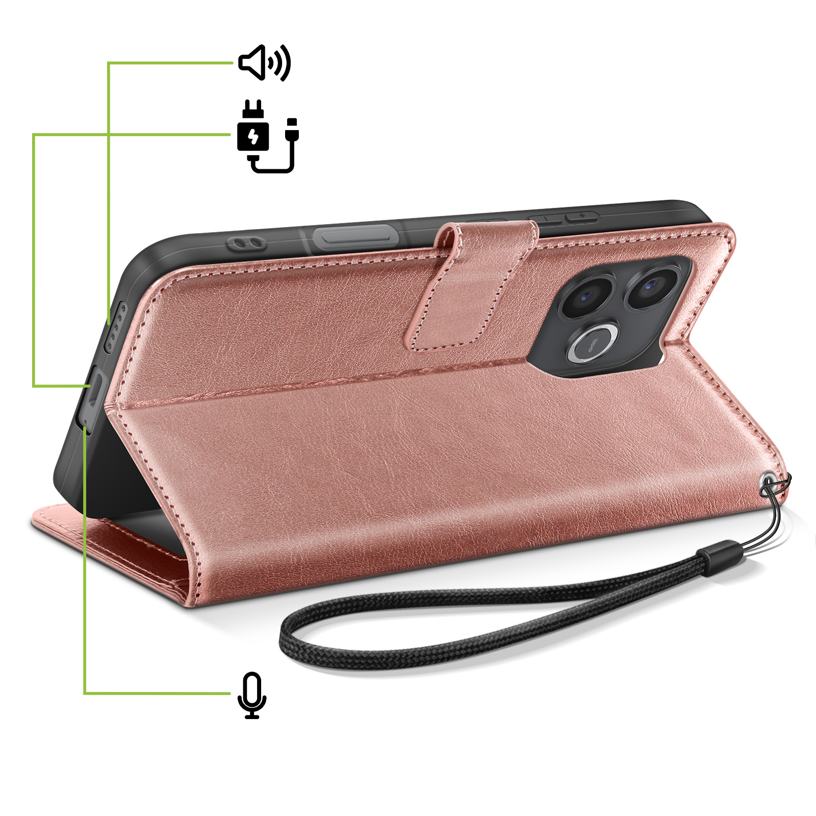 Un étui de téléphone rose doré avec support, caméras et port de chargement.