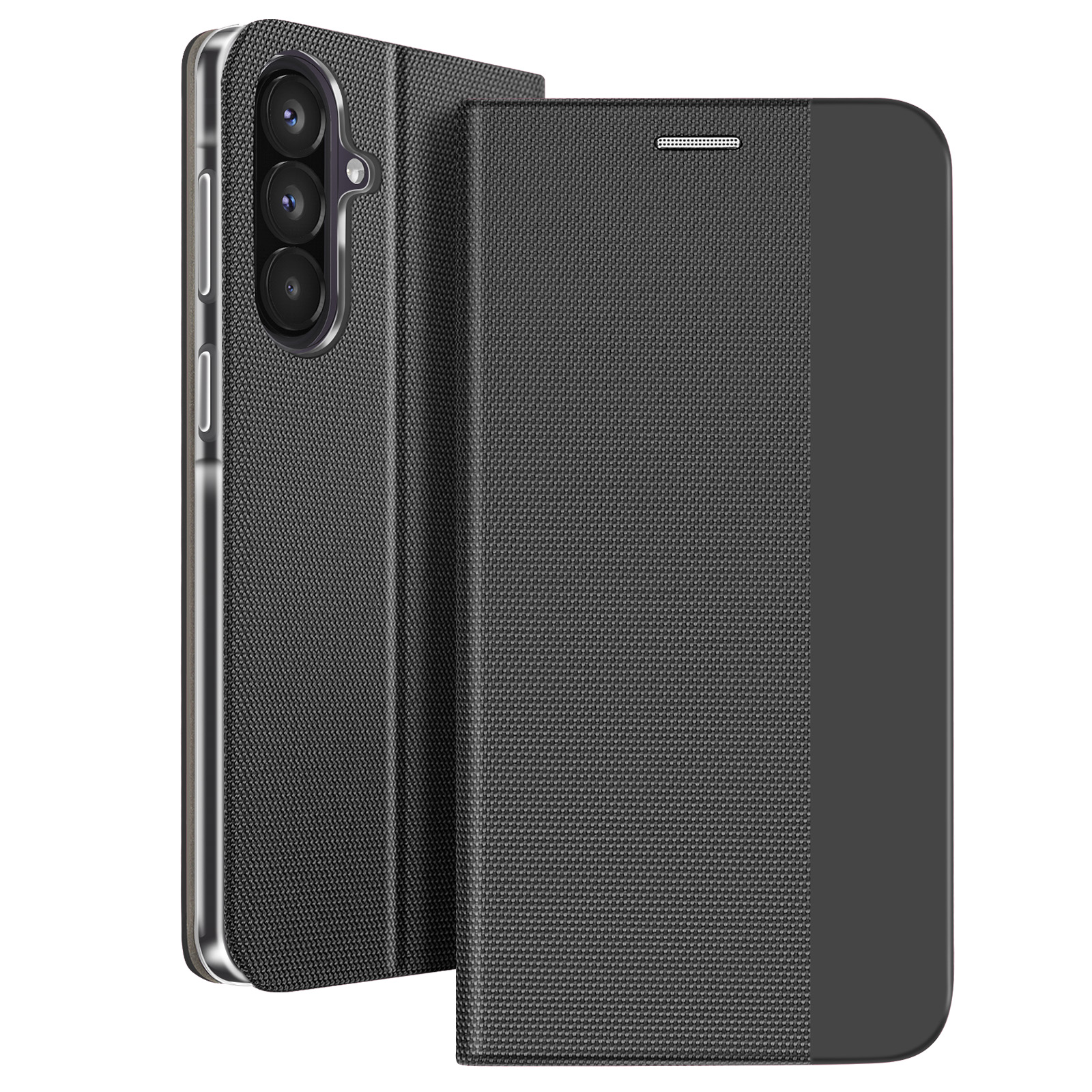 Custodia nera a libro per telefono con tripla fotocamera visibile.