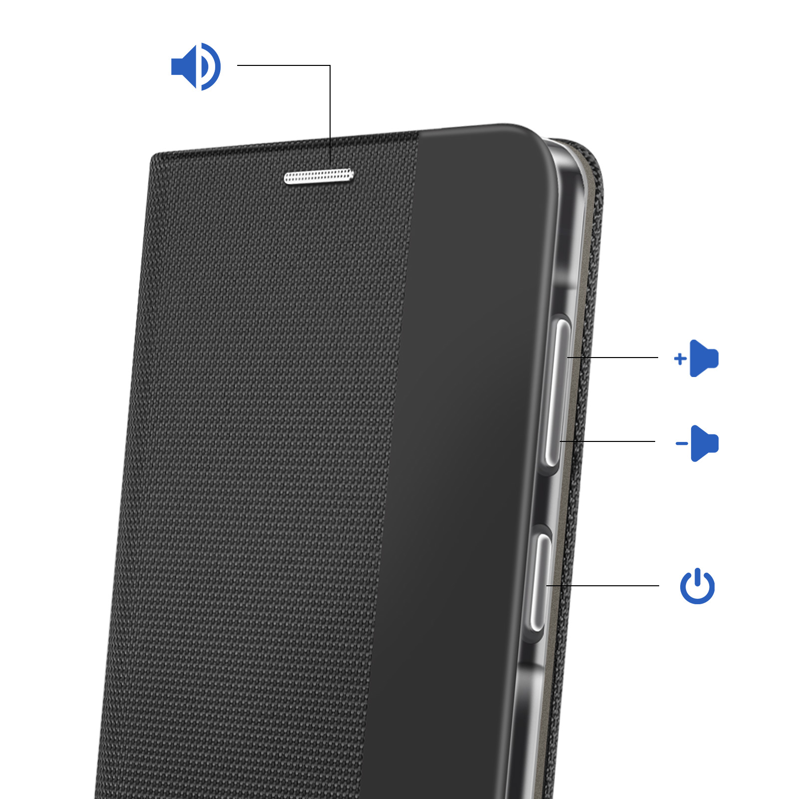 Custodia nera per telefono con pulsanti volume e accensione, icone bianche.