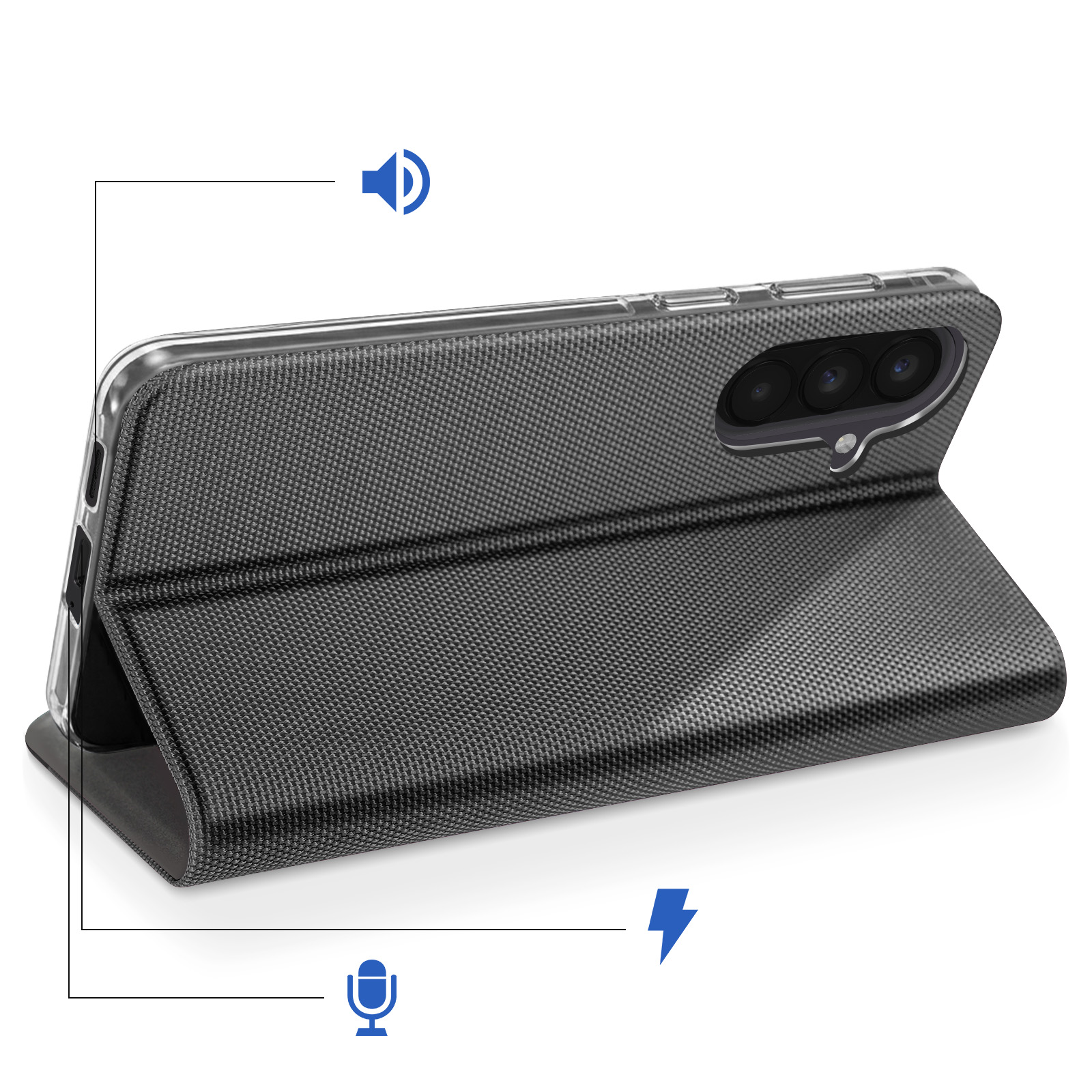Un telefono nero in una custodia con tre fotocamere, con icone audio e microfono.