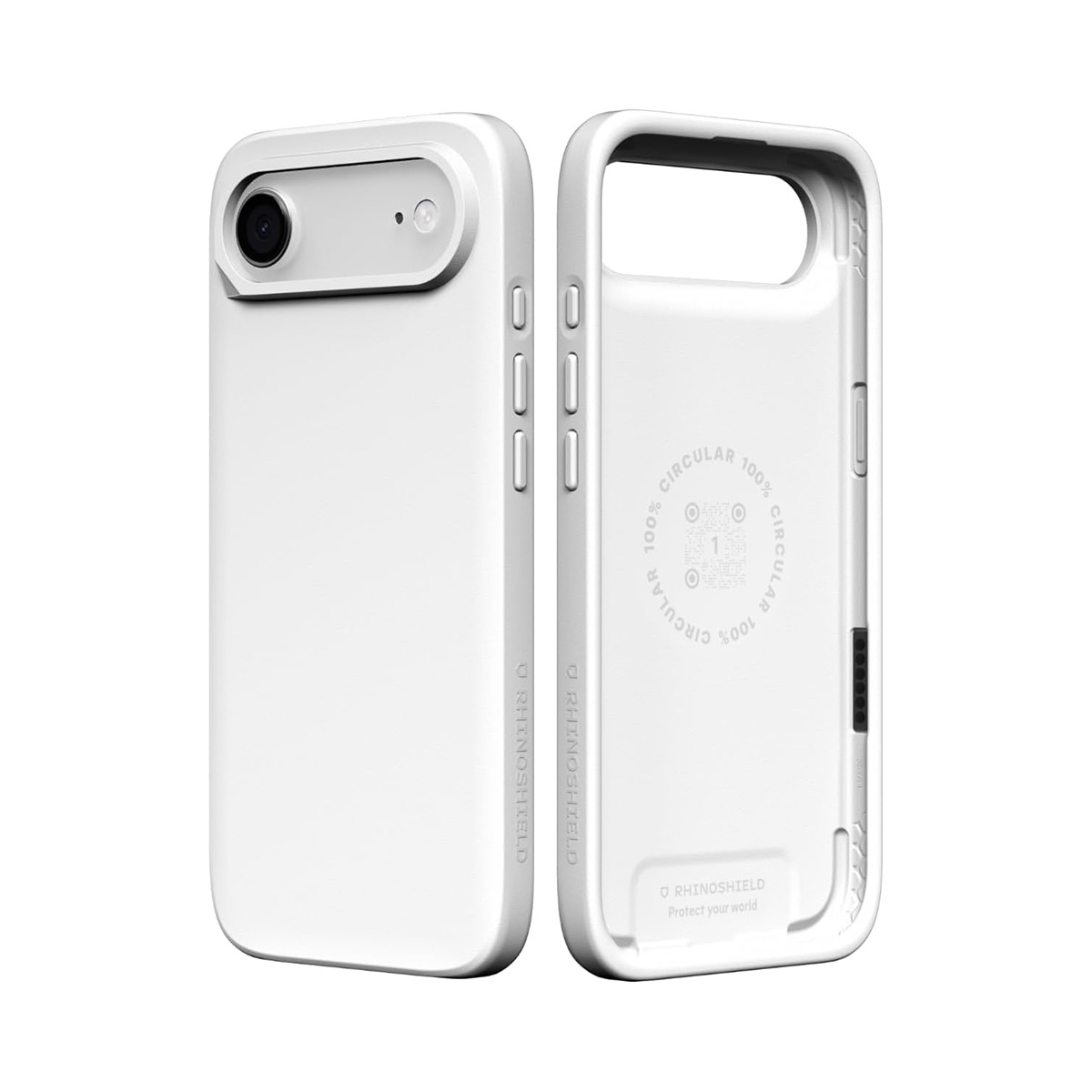 Twee witte telefoonhoesjes naast elkaar, één voorzijde, één achterzijde met details.