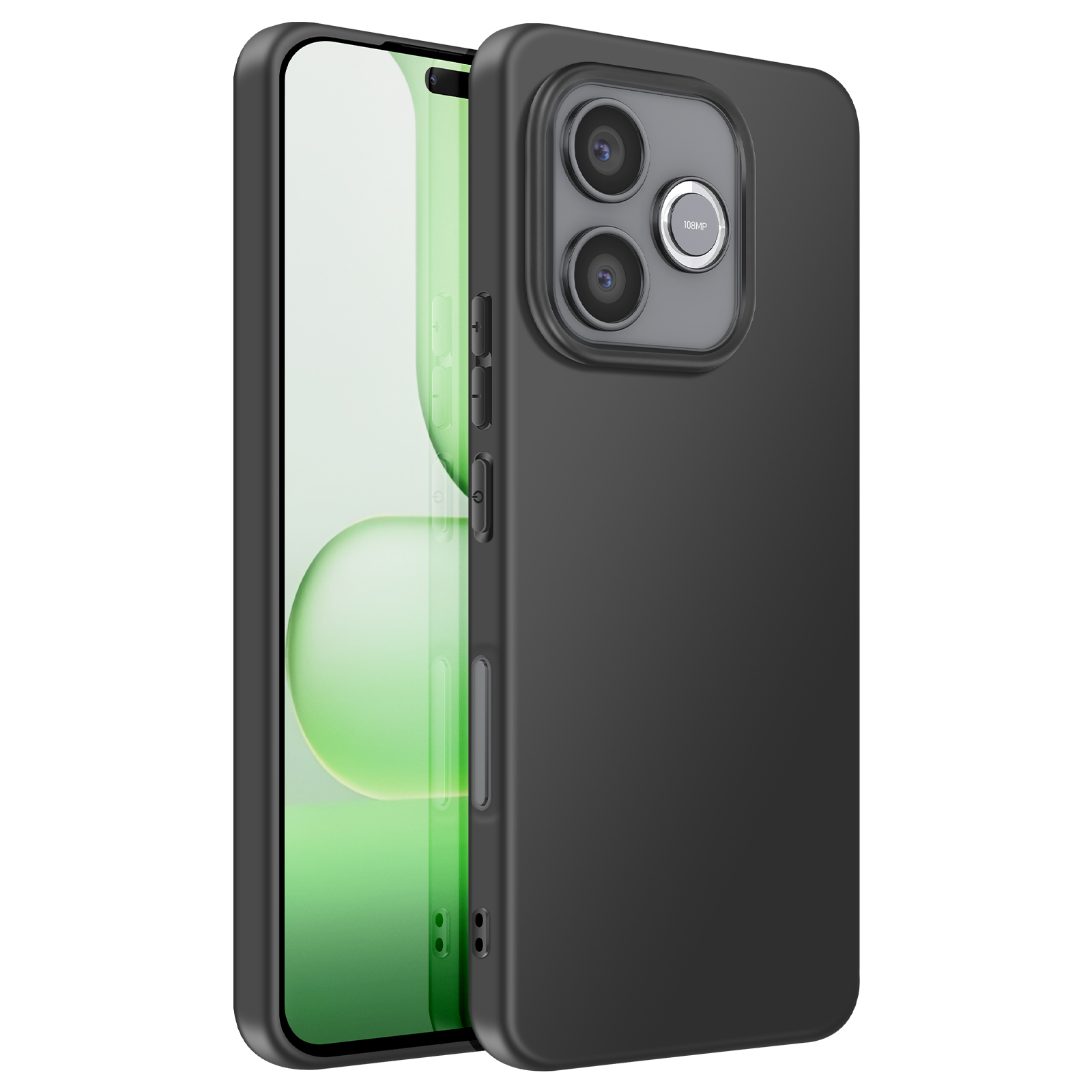 Zwarte smartphone met 3 camera's en 108MP-opdruk, op witte achtergrond.