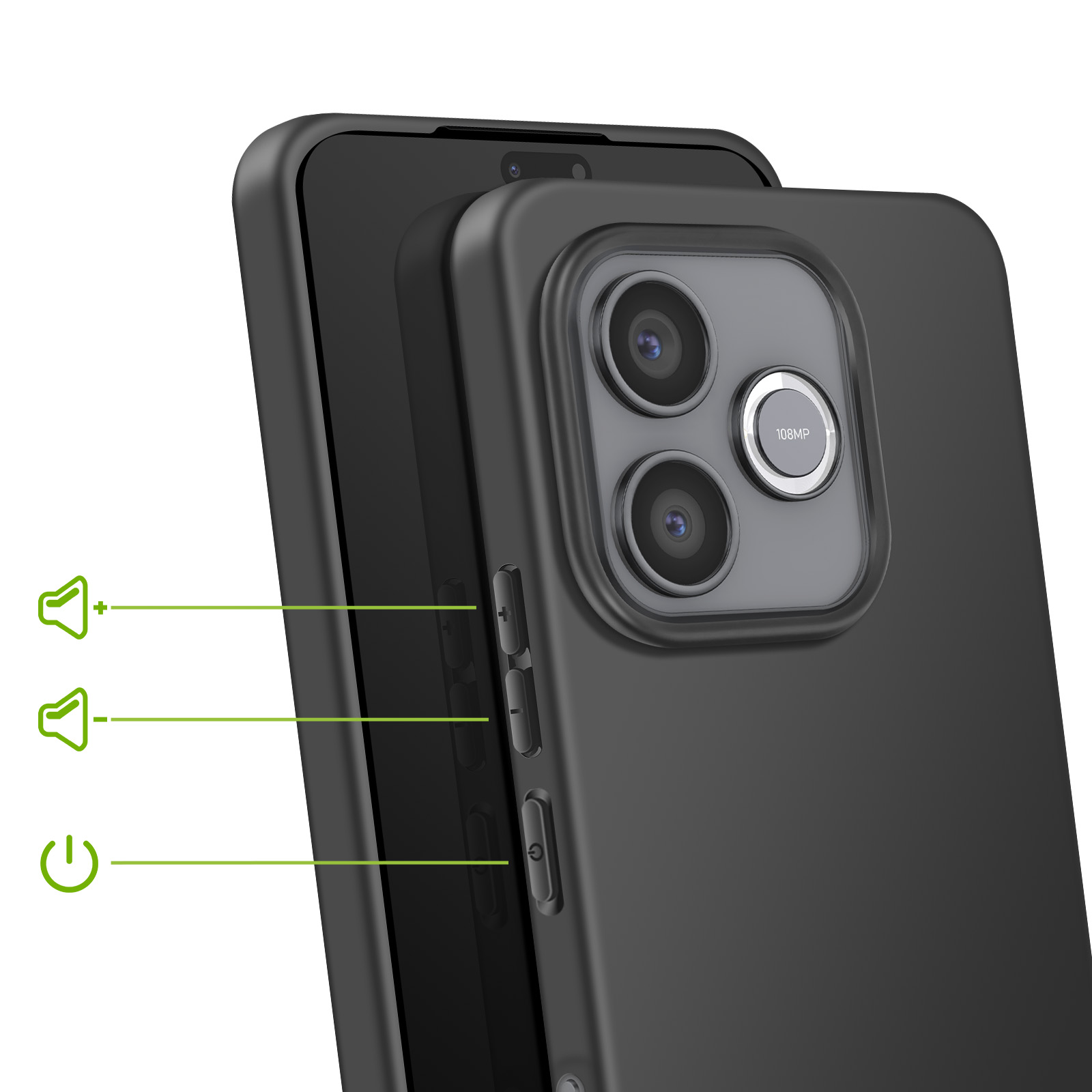 Zwarte smartphone met drie camera's en 108MP-tekst op de achterkant. Zijknopjes getoond.