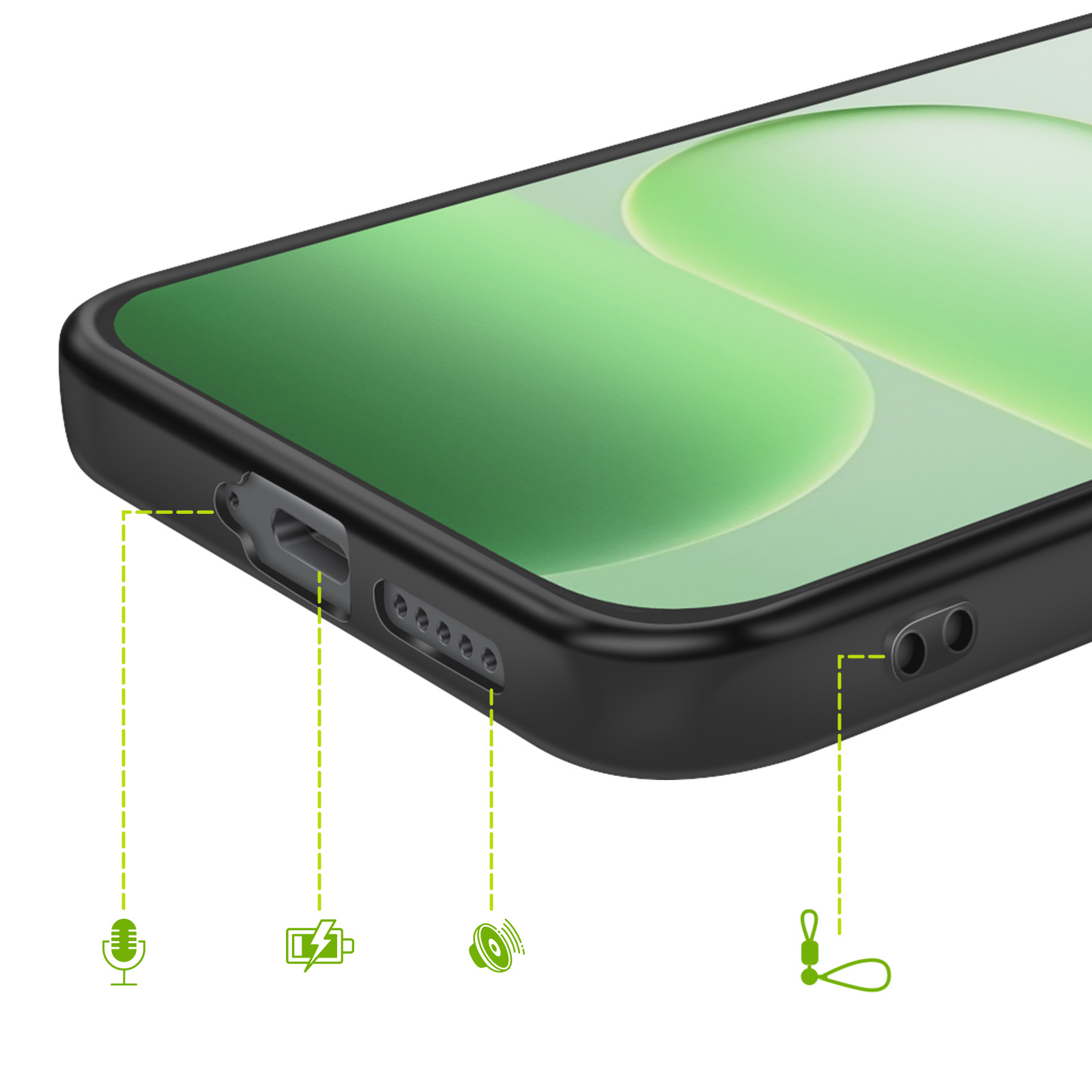Close-up van een zwart telefoonhoesje met uitsparingen voor poorten en luidsprekerroosters.
