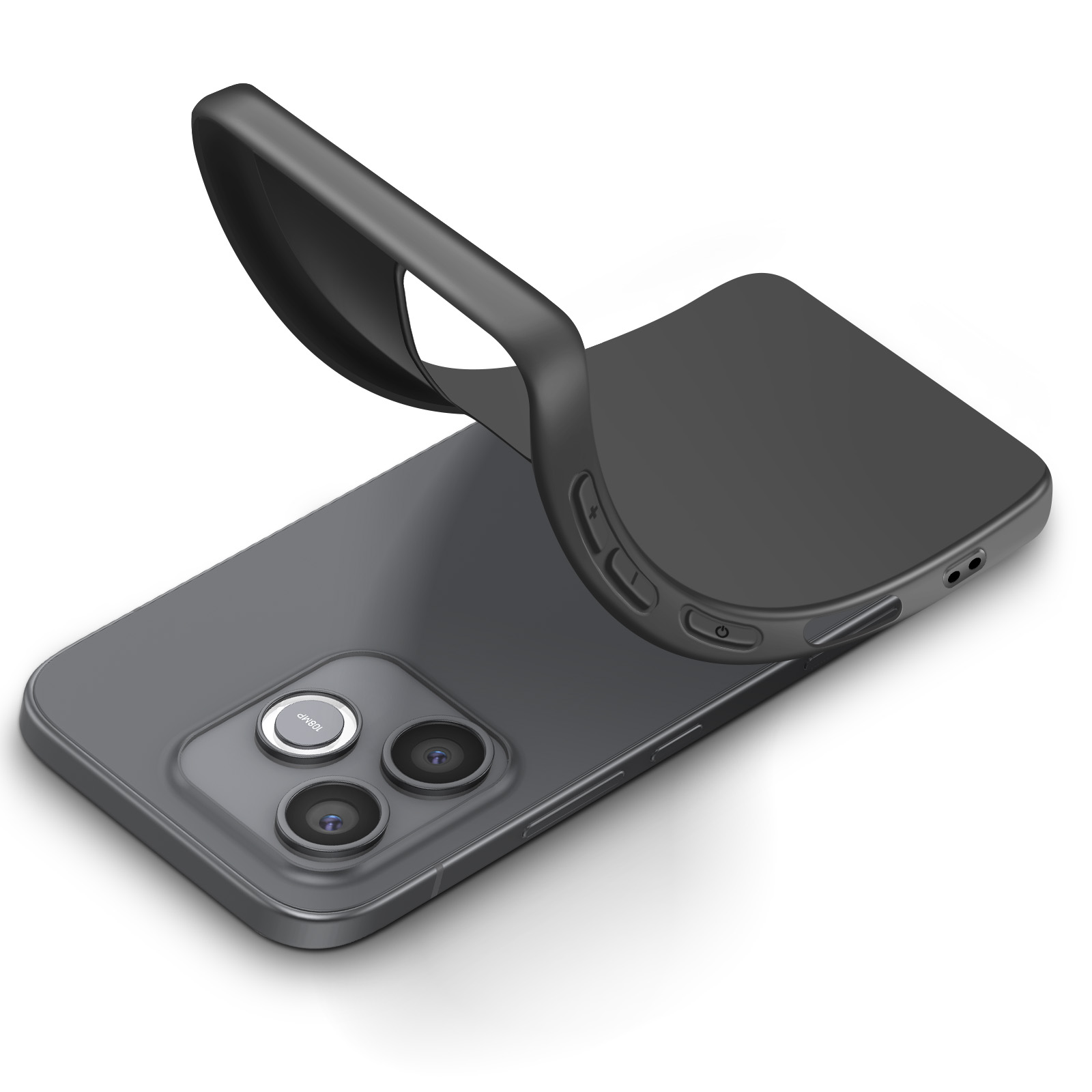 Een zwarte telefoon met drie camera's en een opgetilde beschermhoes.