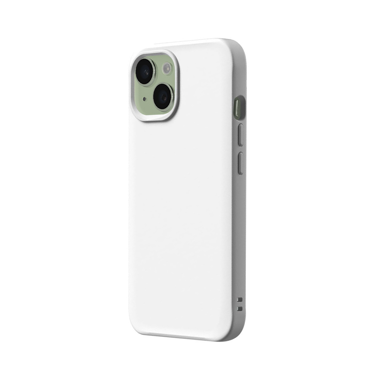 Een witte telefoonhoes met dubbele cameralens en zijknopjes.