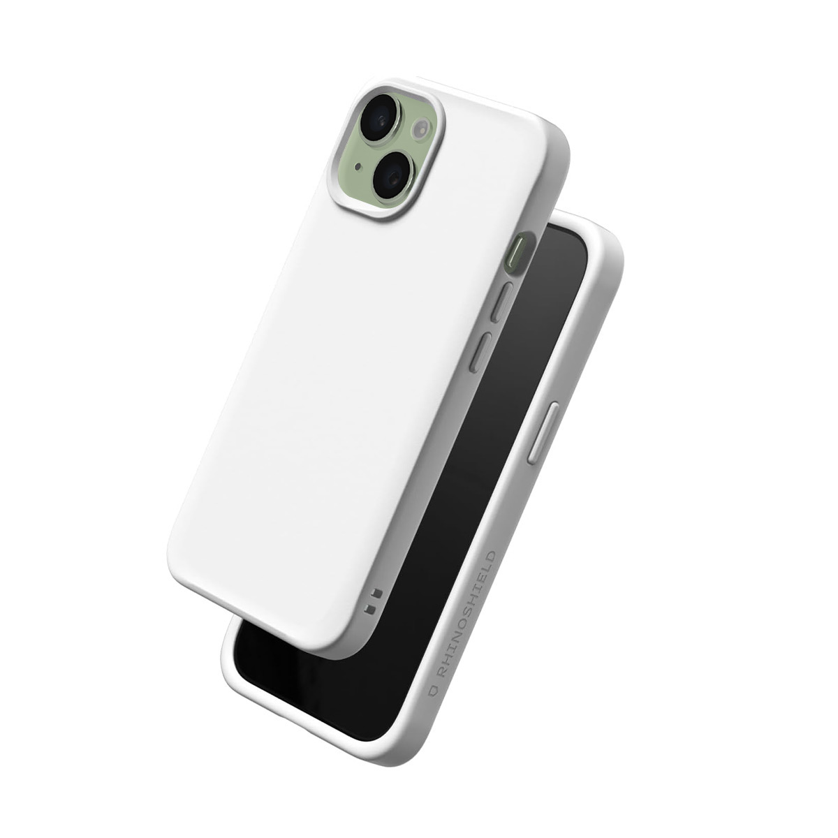 Witte telefoonhoes met twee camera's en het RhinoShield-logo aan de zijkant.