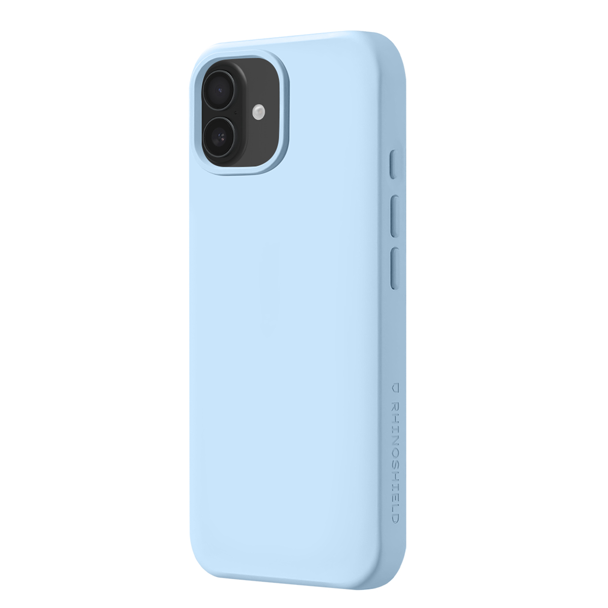 Une coque de téléphone bleu clair avec un module double caméra au dos.