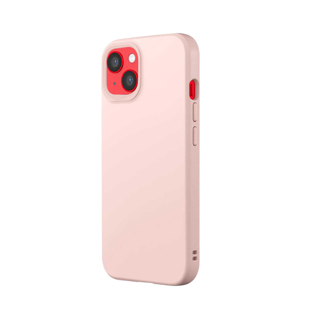 Een roze telefoonhoes met rode camerabezel, op witte achtergrond.