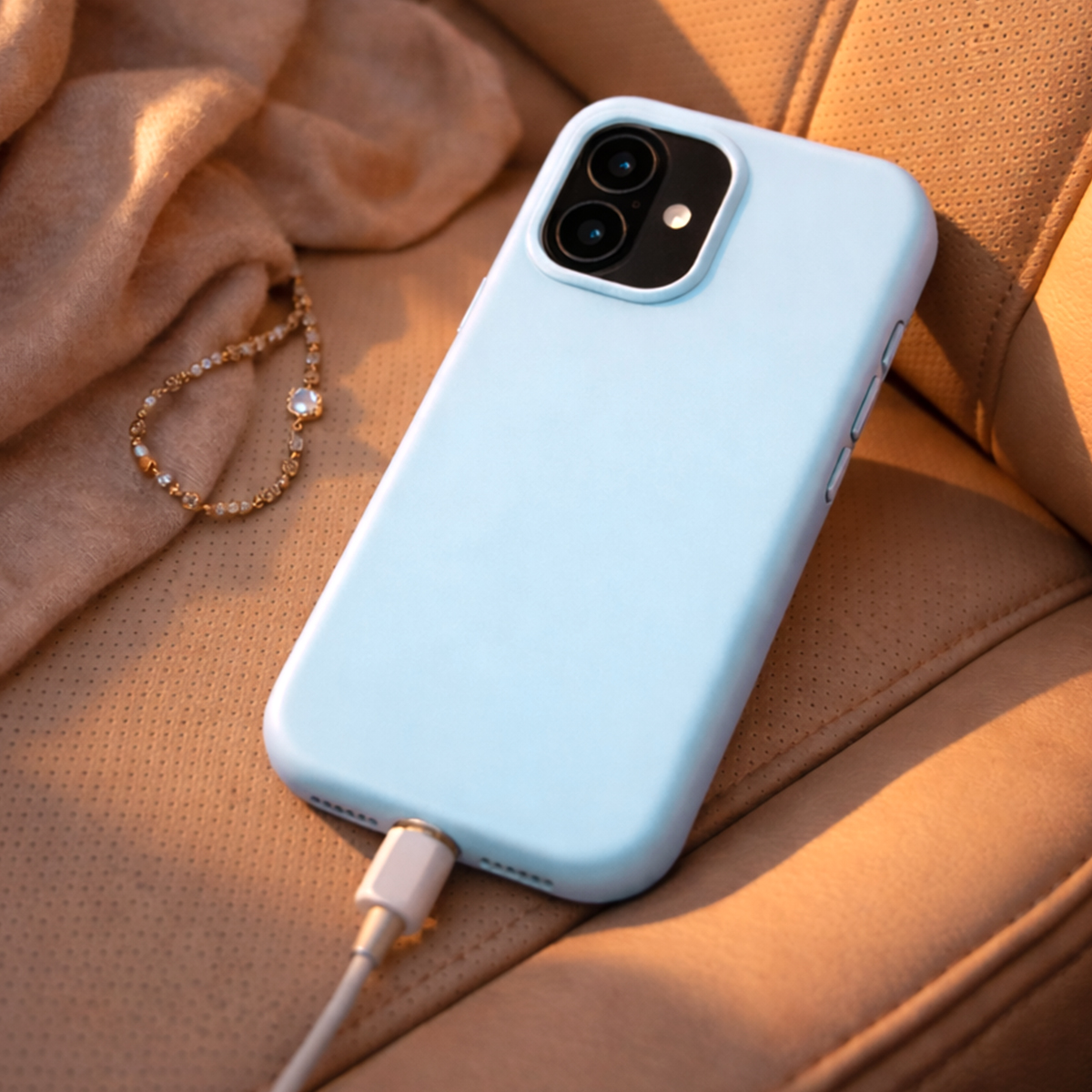 Un téléphone bleu clair se charge, à côté d'un bracelet de perles sur un siège marron.