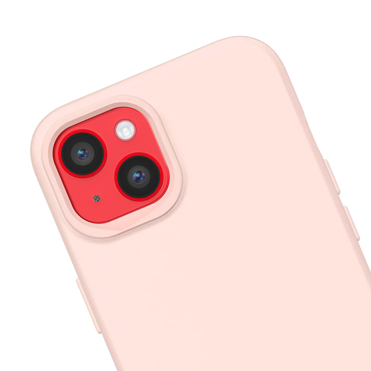 Een roze telefoonhoes met een rode camerahouder met twee lenzen.