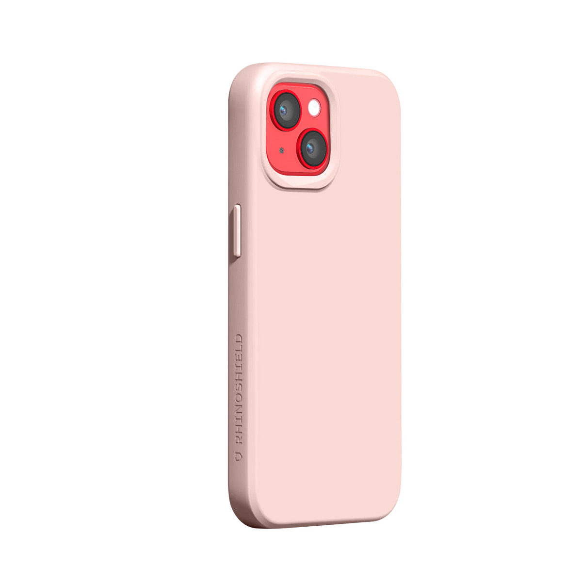 Een roze telefoonhoesje met rode camerabezel en RHINOSHIELD-logo.